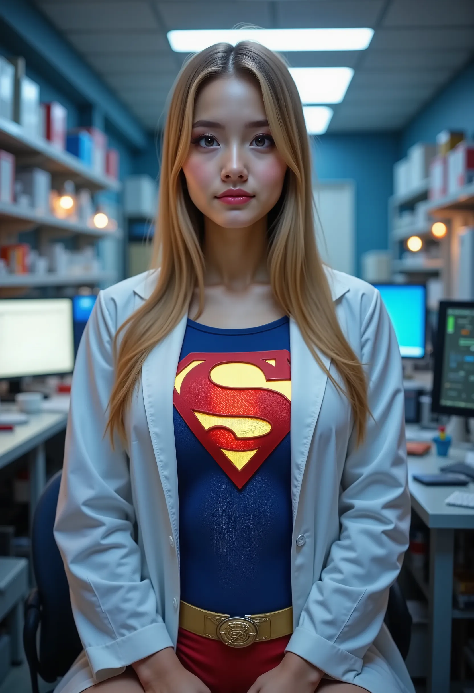 photo realistic (LEFT SIDE IMAGE 1: The Accident AND The Birth of Supergirl) Inside a high-tech, top-secret laboratory, a brilliant but socially awkward young scientist works tirelessly into the night, her blonde hair in a messy bun, glasses slipping down ...