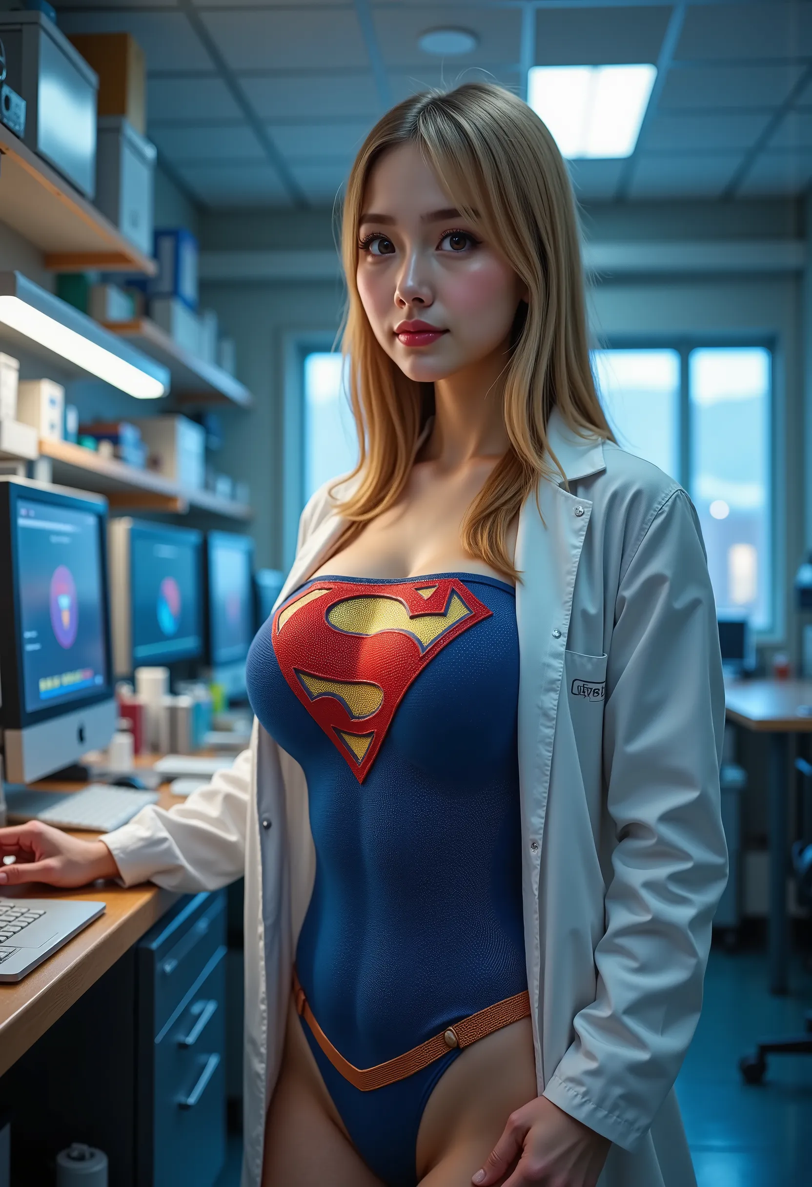 photo realistic (LEFT SIDE IMAGE 1: The Accident AND The Birth of Supergirl) Inside a high-tech, top-secret laboratory, a brilliant but socially awkward young scientist works tirelessly into the night, her blonde hair in a messy bun, glasses slipping down ...