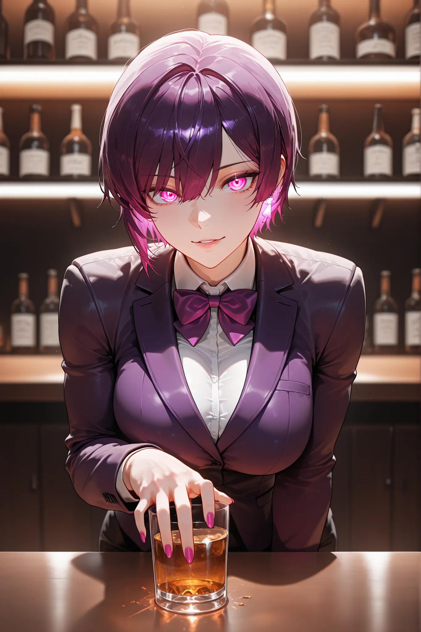 masterpiece,best quality,amazing quality,ultra-detailed,very aesthetic,sharp focus,depth of field,vibrant colors,ray tracing,best lighting,detailed illustration,detailed background,cinematic,beautiful face,(EyesHD:1.2),beautiful eyes,solo_female,short purp...