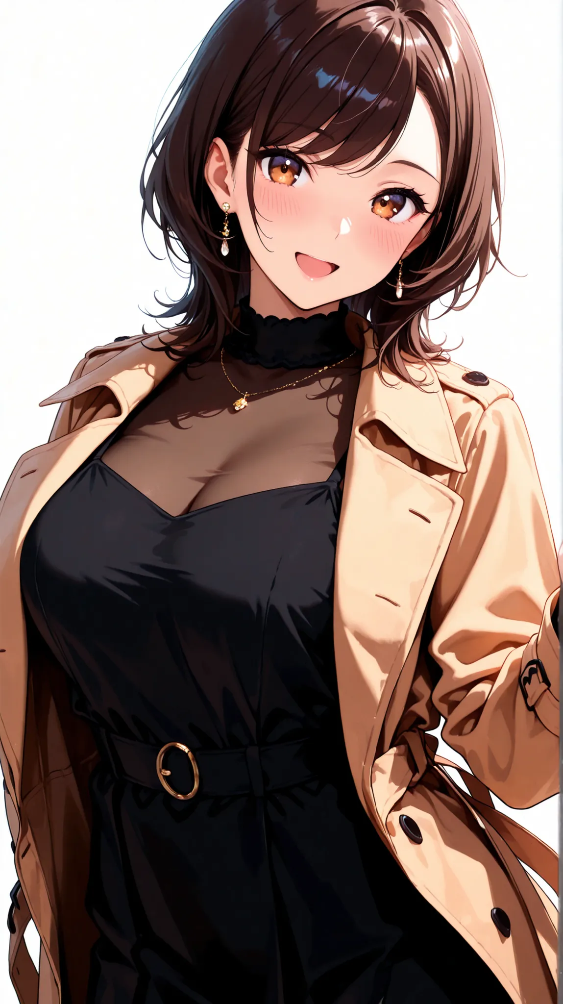 1girl,solo,highly detailed beautiful face and eyes,medium hair,swept bangs,perfect body,earrings,Trench_coat style dress,black dress,looking_at_viewer,white white background,dynamic_angle,light_blush,:d,masterpiece,best quality,absurdres,