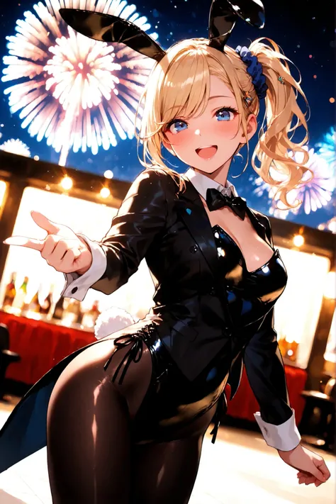 masterpiece,best quality,absurdres,beautiful pretty cute small face,1girl,shiny_skin,blonde hair,blue eyes,Side ponytail,hair scrunchie,hair ornament,blue scrunchie,Swept bangs,(black rabbit ears:1.1),playboy bunny,(bunnysuit:1.1),(tailcoat:1.3),pantyhose,...