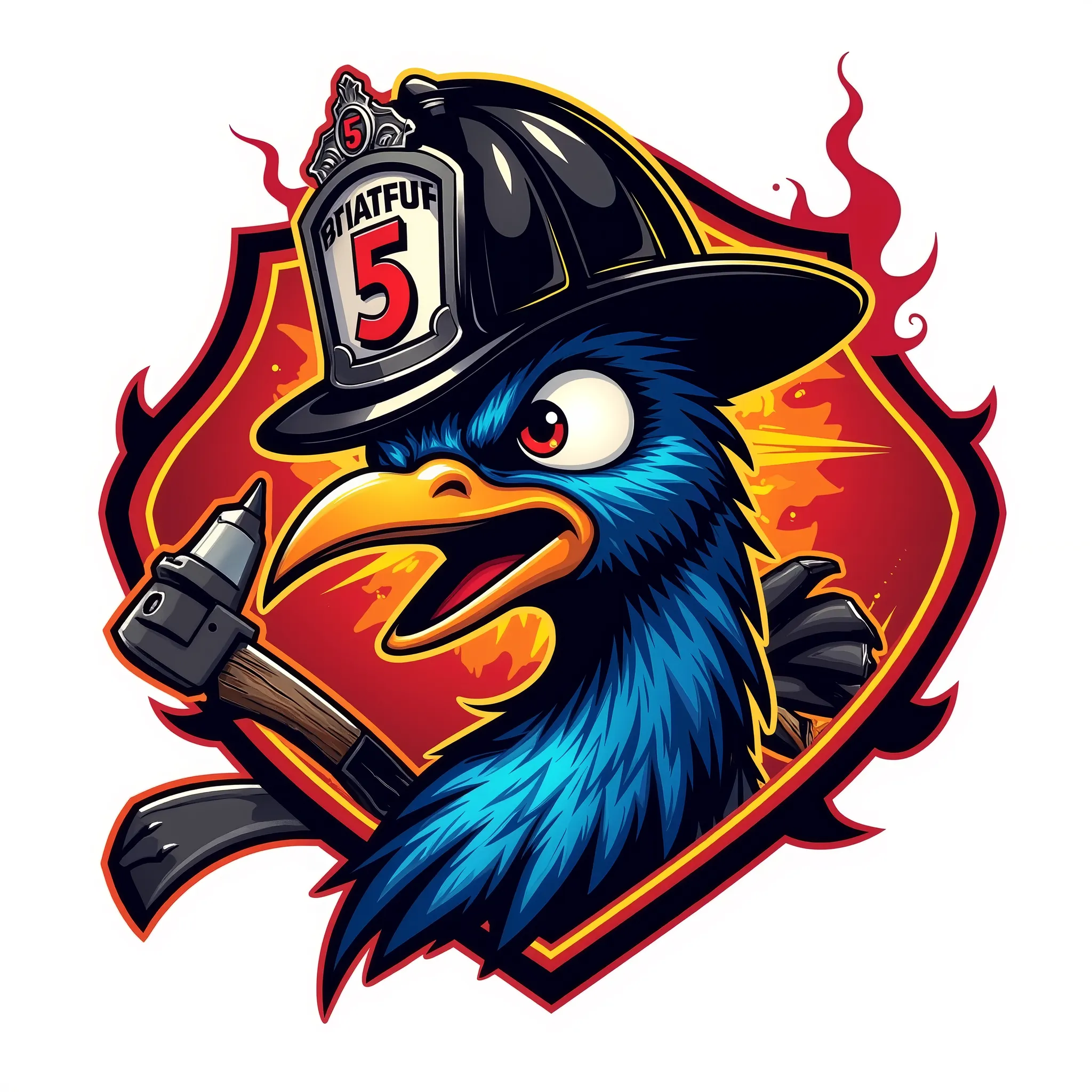 "Create a bold, aggressive e-gaming logo for a firefighting team named “Station 5: Roadrunners” featuring a profile view of a powerful roadrunner wearing a black firefighter helmet as the mascot. The roadrunner should look fierce and stylized, with exagge...