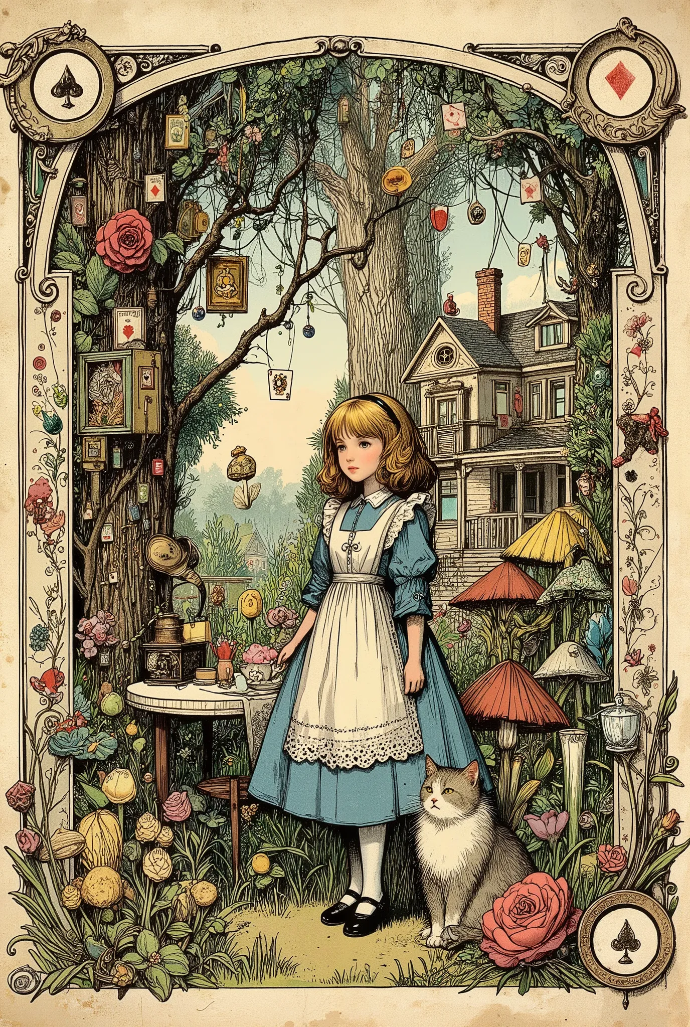Vintage illustration from a ren's book in the Victorian style of the 19th century. Alice (a sweet girl in a flowing blue silk dress, lace apron and black patent leather shoes) stands in an overgrown magical garden among giant mushrooms and talking flowers....