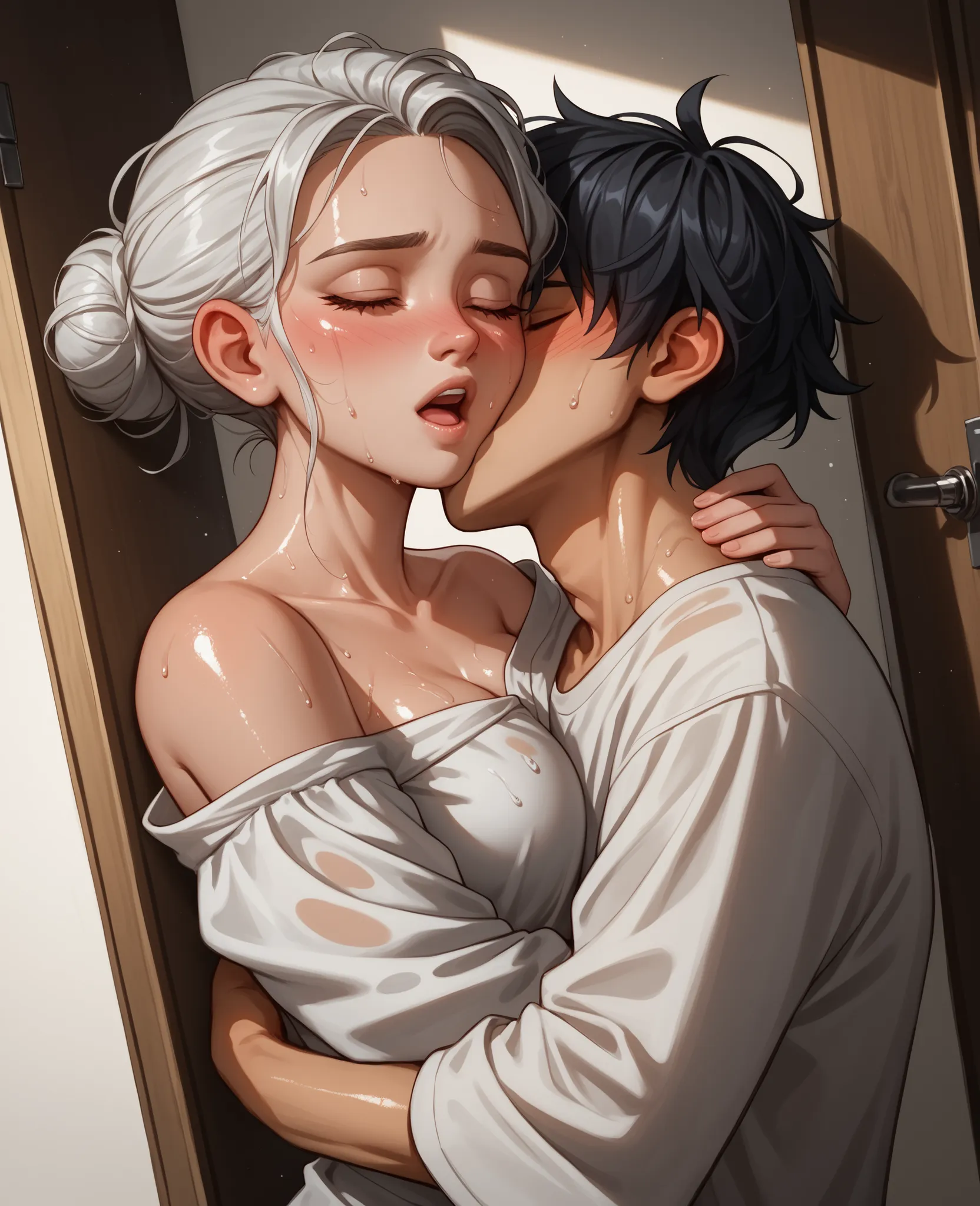 score_9, score_8_up, score_7_up, 1woman, solo, hair, closed eyes, white milky porcelain skin, white-skinned female, black hair in a bun, lovely medium breasts, perfect body, black and silver embroidered kurta pyjama, messy clothes, exposed shoulder, sweat,...