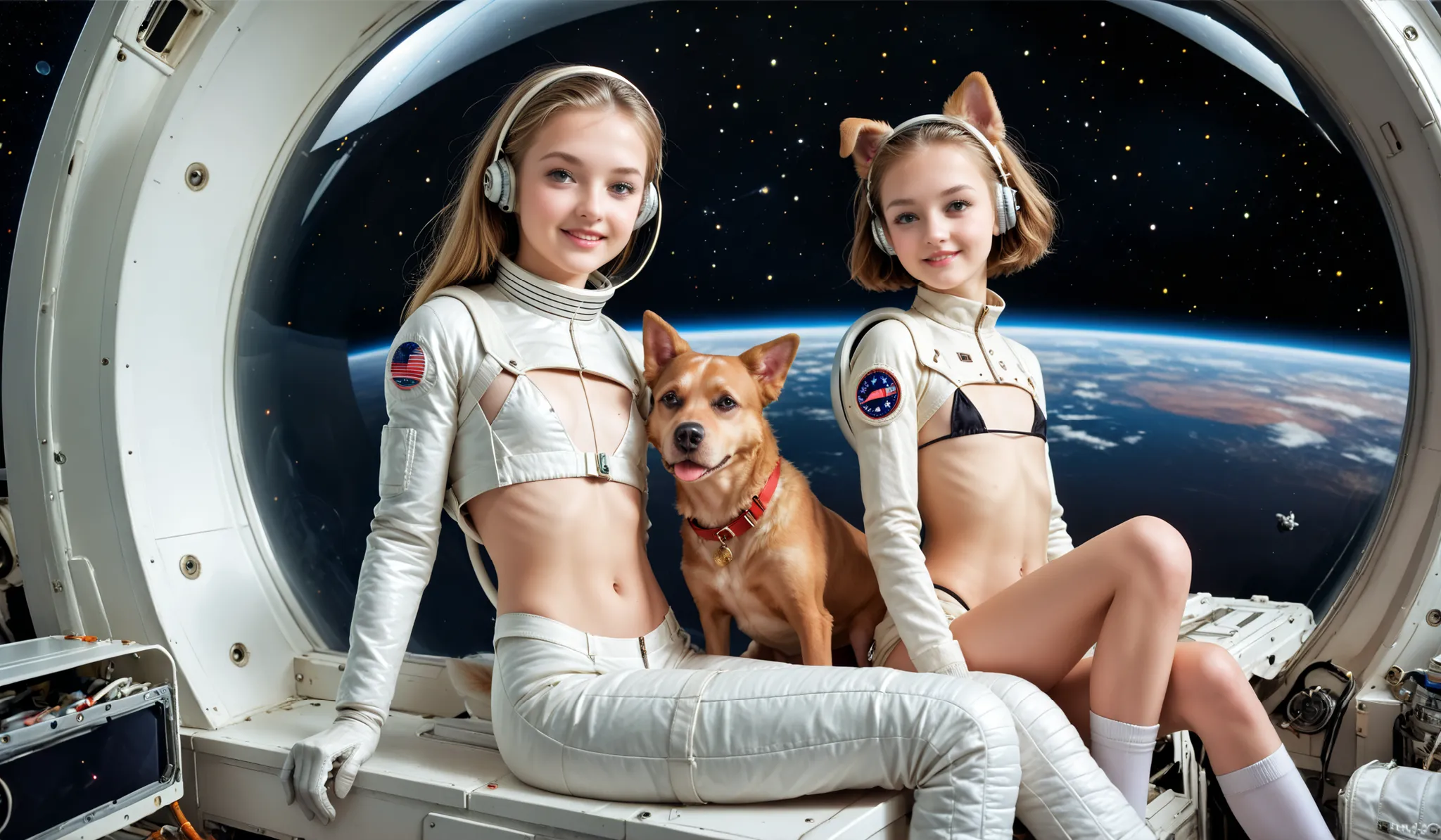 (very skinny girl: 1.2),(is a very young girl: 1.5), Beautiful girl, skinny girl, thin waist, wide hips,  Slender legs,  Very young face , flat chest, hip spacing (camel paw: 1.2), wearing a micro bikini ,wearing white full-size headphones,in white knee so...