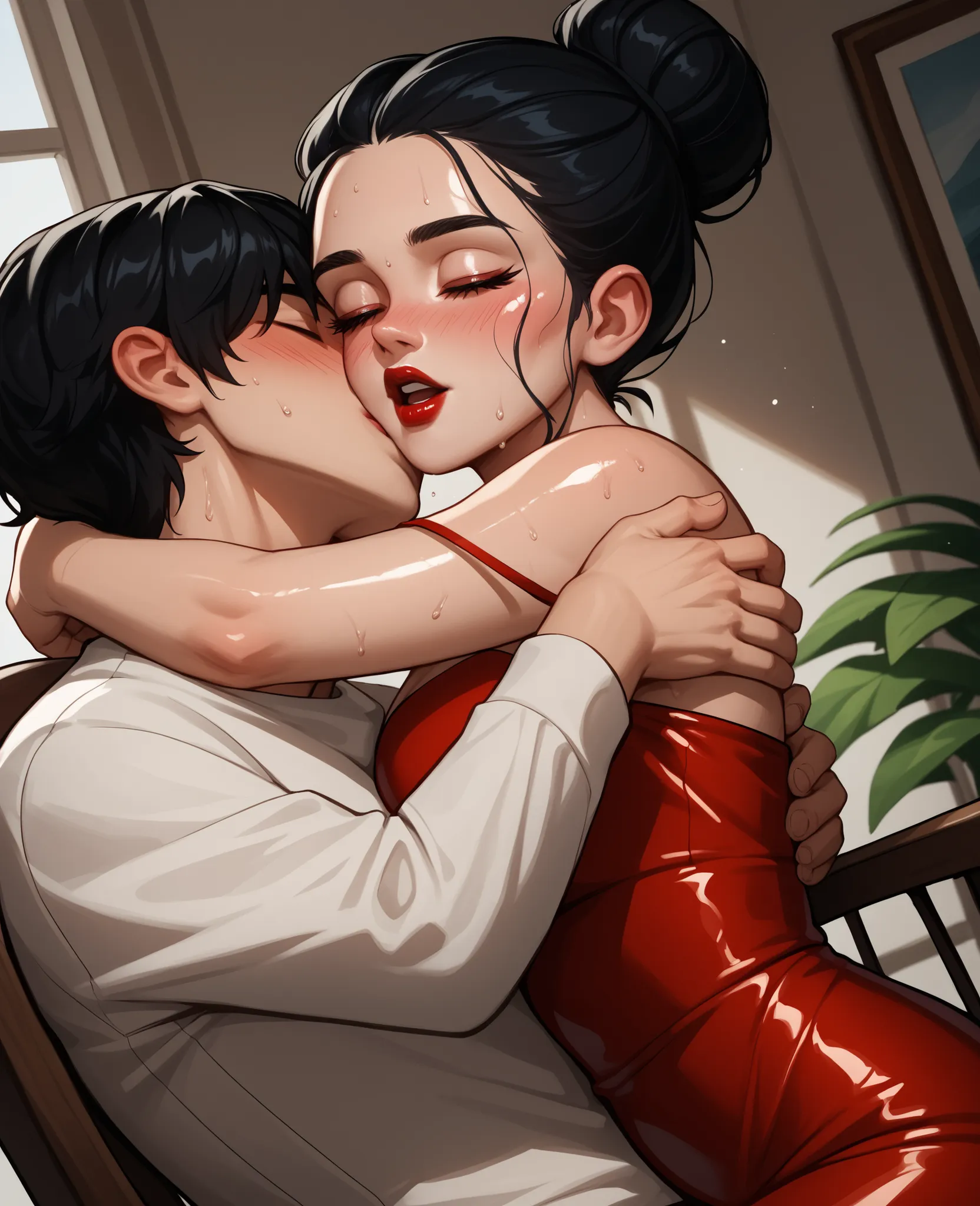 score_9, score_8_up, score_7_up, 1woman, solo, hair, closed eyes, white milky porcelain skin, white-skinned female, black hair in a bun, smokey eyes, big eyelashes, red lips, lovely medium breasts, perfect body, red off shoulder bodycon dress, sweat, femal...