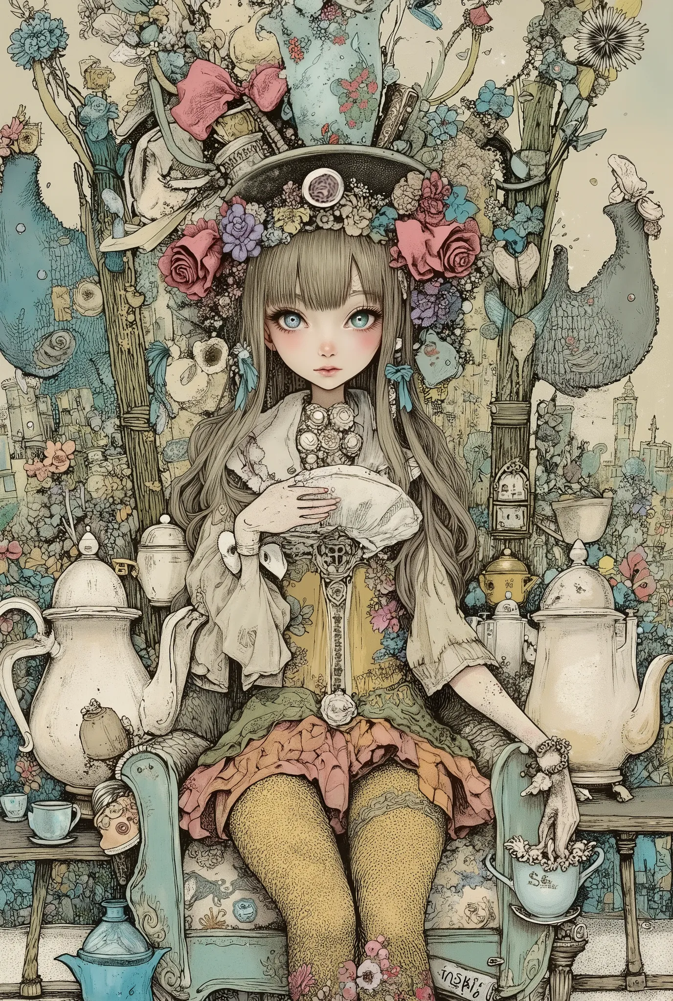 young woman wearing a mad hatter hat、I have pale blue-grey eyes.  wear boots. Tim Burton style.   Mad Hatter's Tea Party .