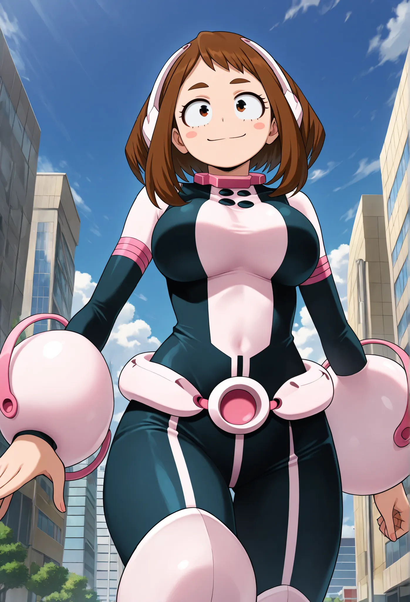 official style, anime screenshot, Uraraka Ochako, 1 girl, brown hair, brown eyes, solo, superhero, hero bodysuit, pink wrist guards, closed mouth, large breasts, (F65), sexy style, Sunny day, Uraraka Ochako floats in the air thanks to her hero ability zero...