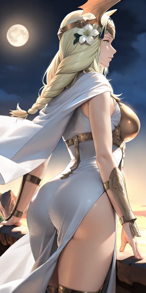 almost realistic, almost realistic, almost realistic, back view, 1 girl - Rhea from Fire Emblem Three Houses, seir0s, blonde hair, long hair, single braid, green eyes, gold forehead protector, wing hair ornament, hair flower, armored dress, sleeveless dres...