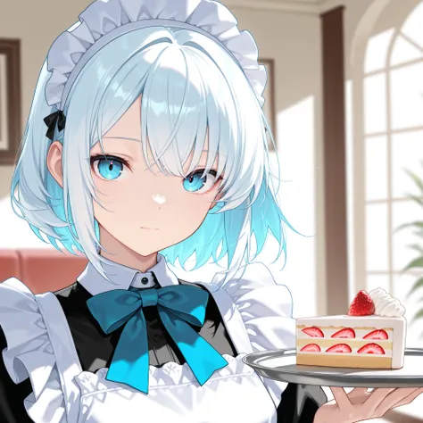 masterpiece, best quality, detailed face, detailed eyes, 1 girl, solo, beautiful, modest chest, slender body, mature, light makeup, adorable, sharp eyes, closed mouth, short hair, light blue hair outer, white hair inner, very long side bangs, short tidy ba...