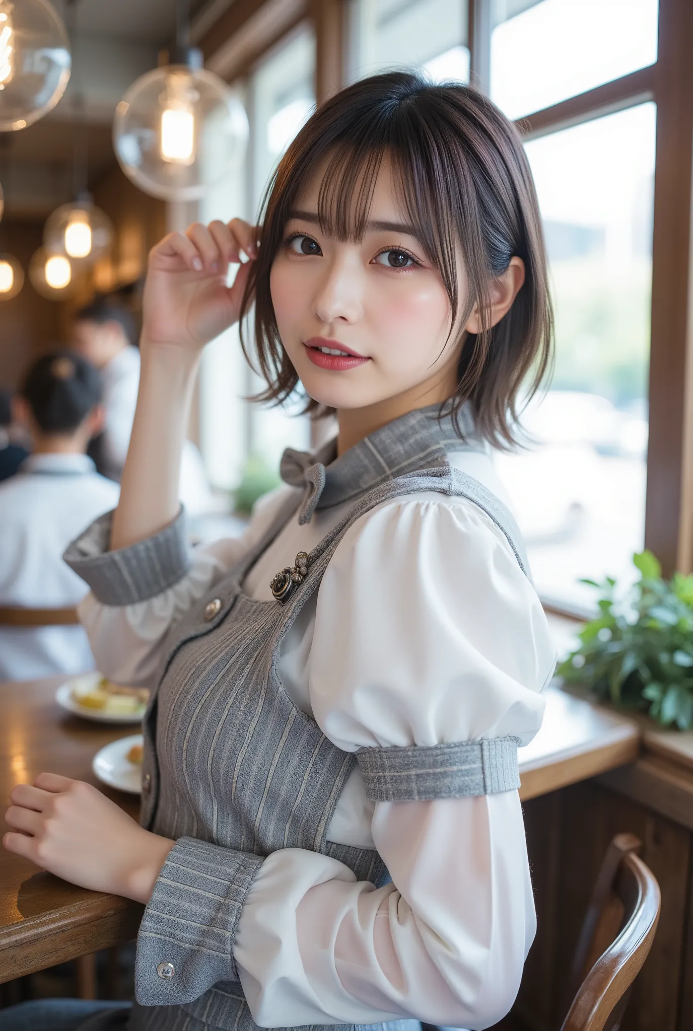 (Highest Quality、table top、8k、best image quality、超A high resolution:1.5, (photorealistic:1.4),masterpiece:1.2,(top-quality:1.4)、Raw photo)、Woman working at a cafe、maid clothes、maid clothesを着たcafe clerk、(highlight your body line:1.1)、Portrait of a beautifu...