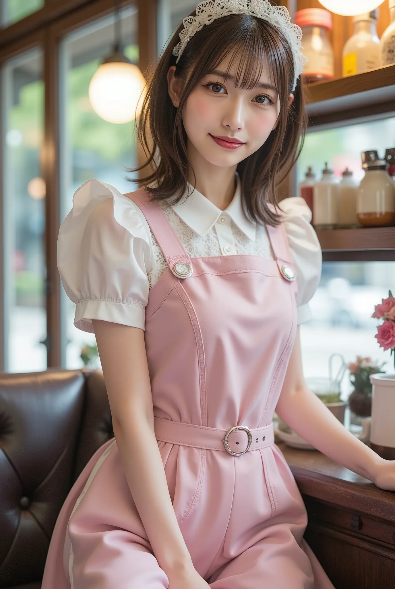 (Highest Quality、table top、8k、best image quality、超A high resolution:1.5, (photorealistic:1.4),masterpiece:1.2,(top-quality:1.4)、Raw photo)、Woman working at a cafe、maid clothes、maid clothesを着たcafe clerk、(highlight your body line:1.1)、Portrait of a beautifu...