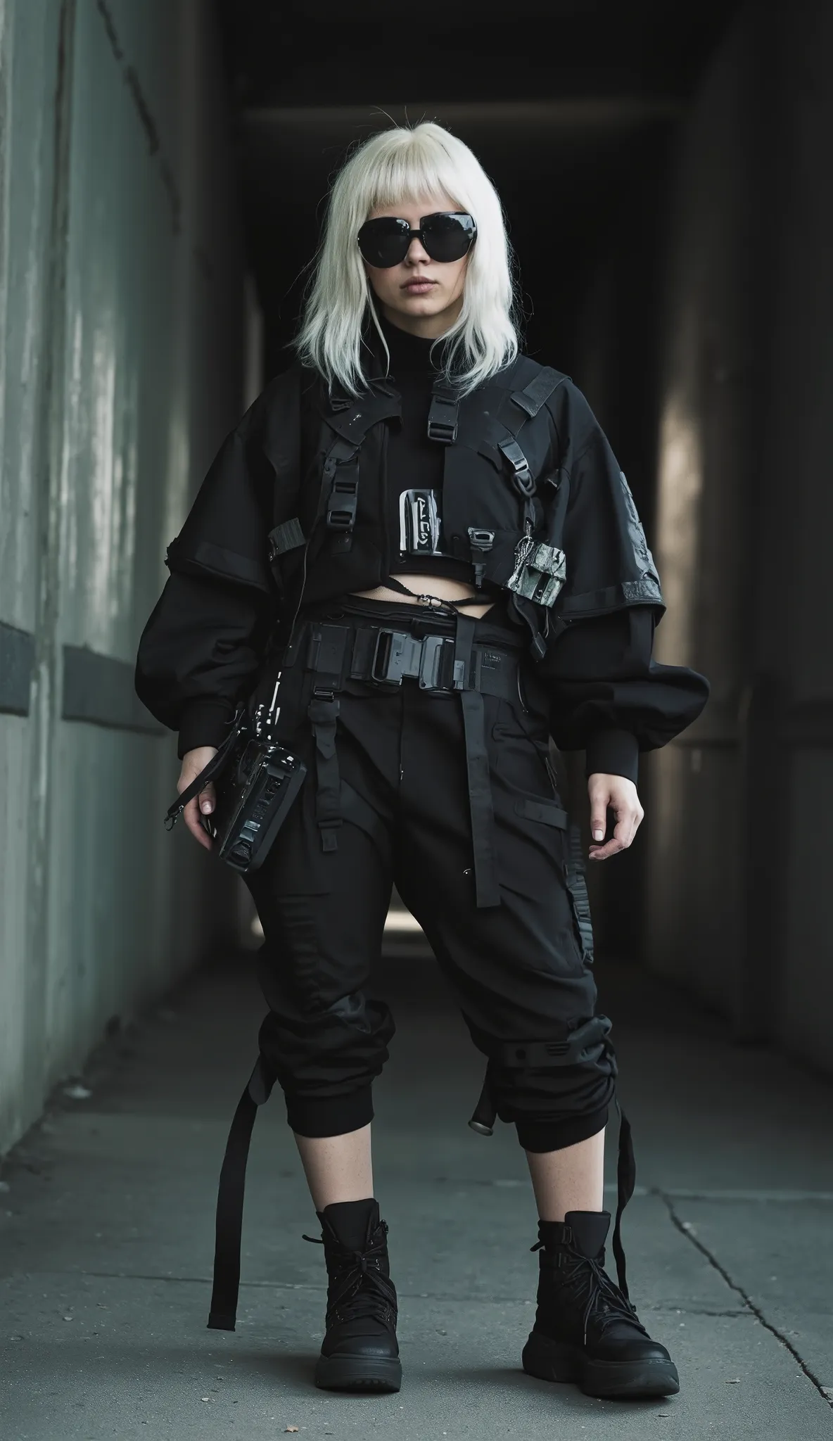 (best quality, 128k,highres,masterpiece:1.2),ultra-detailed,(realistic,photorealistic,photo-realistic:1.37), ((masterpiece)) ((photography)) ((Highest quality)) Ultra-detailed full-body portrait of a fierce woman in techwear fashion, futuristic urban backg...