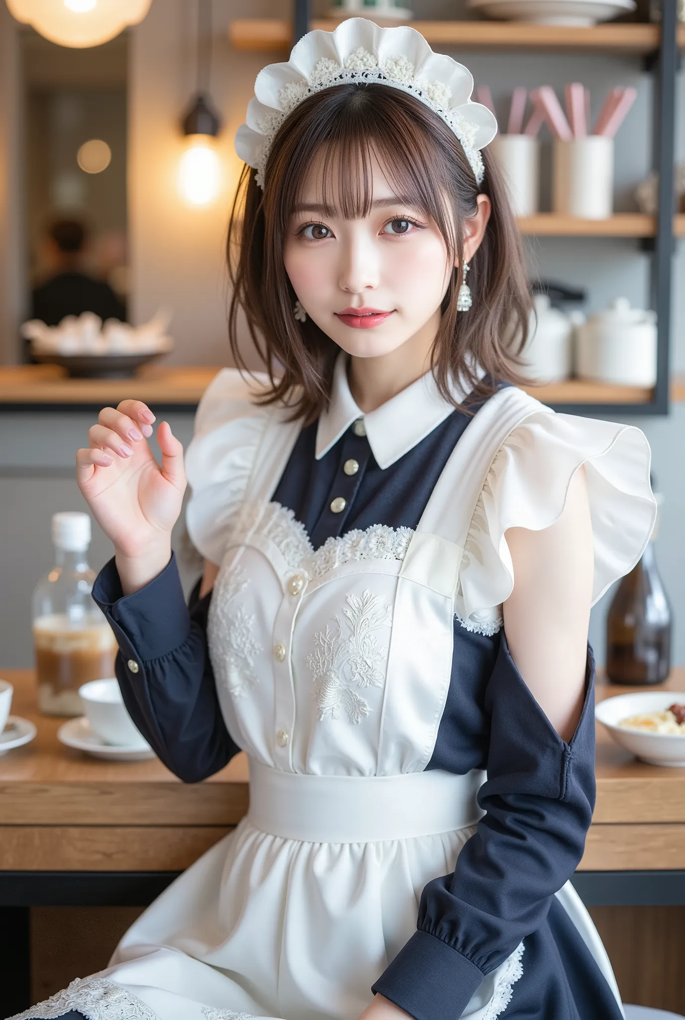 I'm bowing lightly to thank you、(Highest Quality、table top、8k、best image quality、超A high resolution:1.5, (photorealistic:1.4),masterpiece:1.2,(top-quality:1.4)、Raw photo)、Woman working at a cafe、maid clothes、maid clothesを着たcafe clerk、(highlight your body ...