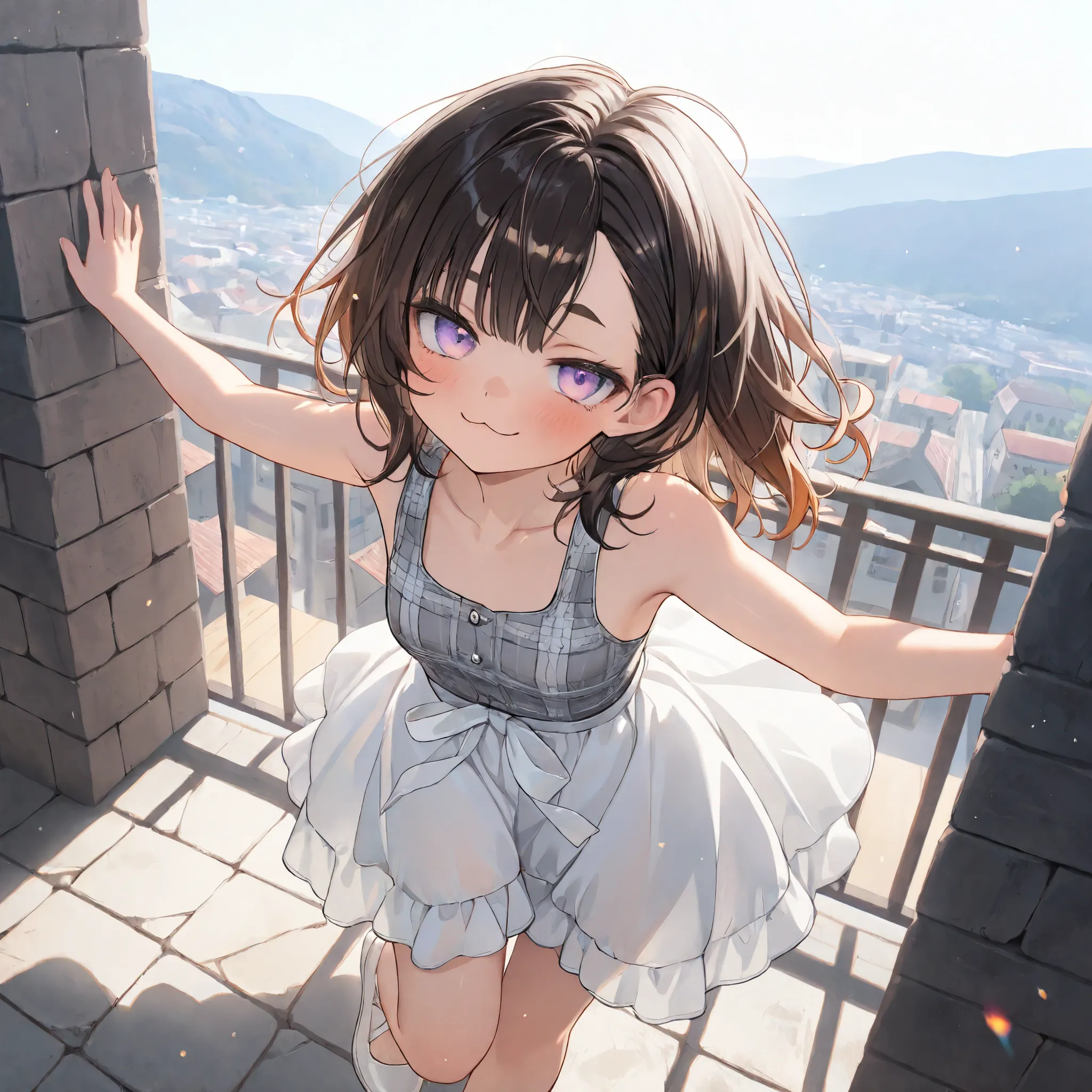 ((Masterpiece)), ((best quality, very aesthetic, absurdres, newest)), (from above, wide shot), (8K), (cinematic lighting), ((1girl)), (cute young girl), (Healthy body, Textured skin, small breast, tilt head), Glossy hair, (Asymmetrical bangs, long side ban...