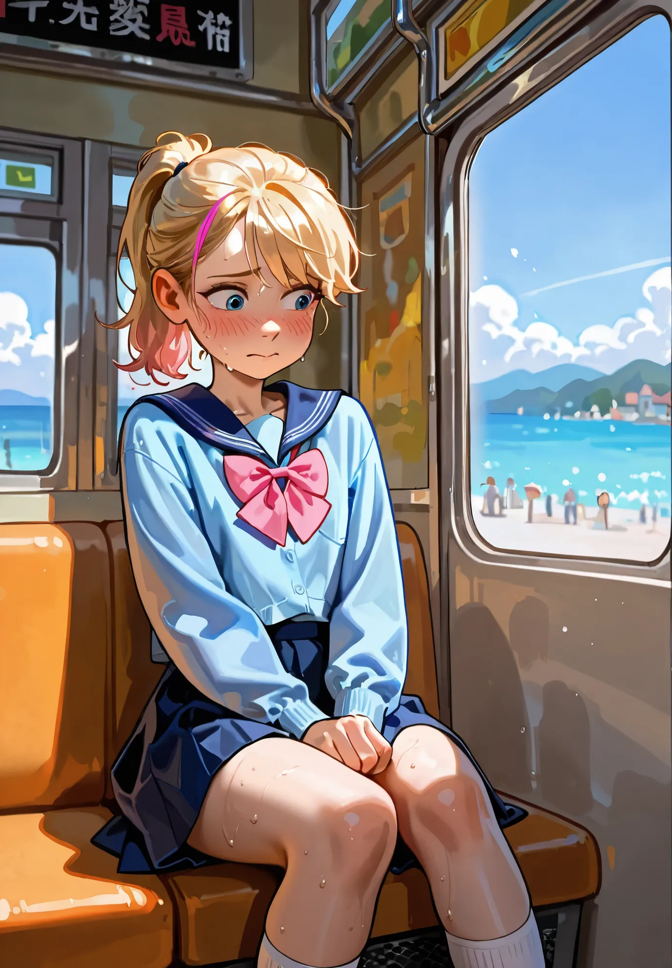1girl, solo, Riley Andersen, Inside Out, shy, blush, sweaty, blonde ponytail hair with pink highlights, schoolgirl outfit, sitting in a bus, sunny day, seaside town, beautiful lighting and shadows,masterpiece,top quality,warm color,high resolution,high fas...