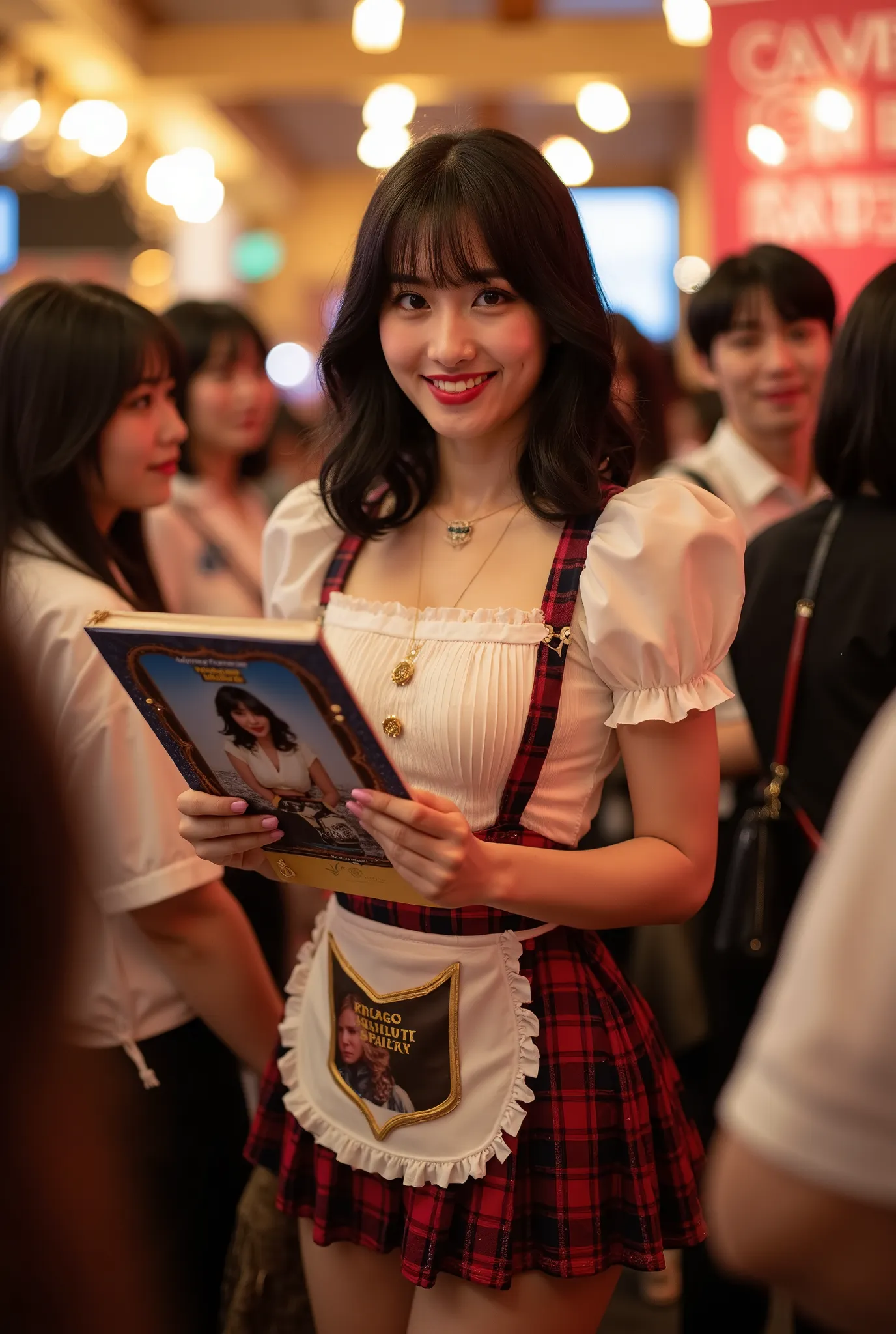 Create a hyper-realistic portrait of a stunning Japanese singer at a photo book release event. She has a slim figure, medium-length hair, and is dressed in a Western saloon-inspired waitress outfit, featuring a skirt with a small apron design. The singer i...