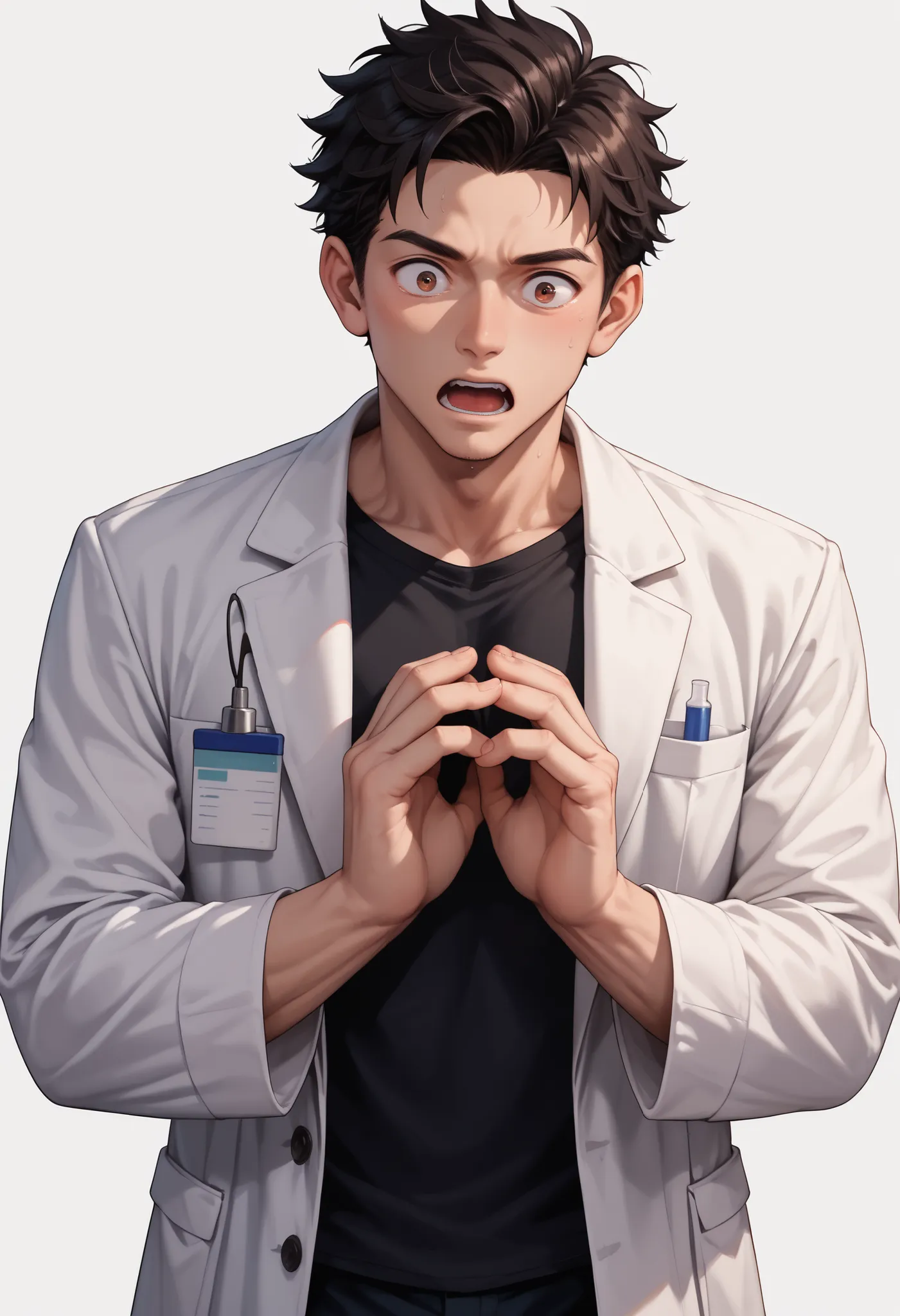source_anime ,((White background)) White skin ((japan man)) ((1man)) , (solo man) , rathing_questionable , (Friendly, innocent appearance) , brown eyes ,(Short black hair) ((28 years old)), (Black T-shirt, lab coat, scientist) , BREAK solo , smart expr...