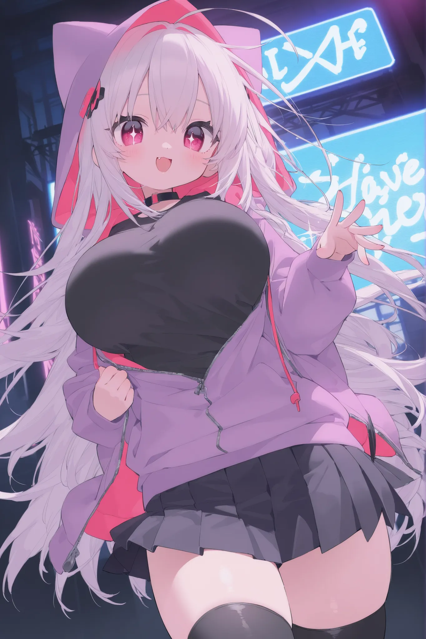 best quality、Highest Quality、8k、highly detailed CG、dynamic angles、cowboy shot、Neon Light Sparkling Cyber Nightclub、Illuminated signboard showing girls in the back、standing、see here、Beautiful Girl,1 cute girl、 cute pose with both hands 、Naughty hip swing da...