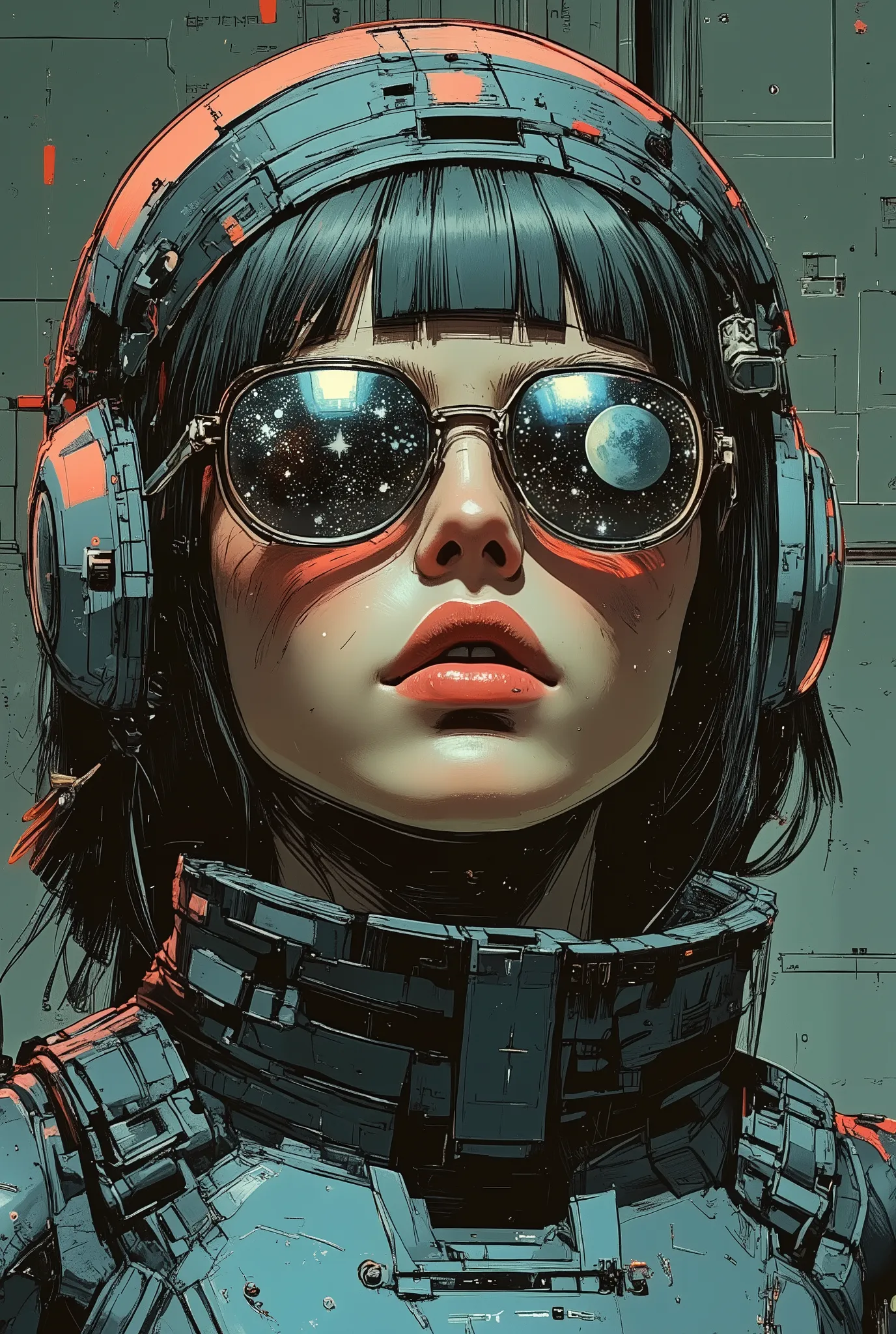 The model wears a futuristic uniform and glass sunglasses with stars and the moon on the glasses.