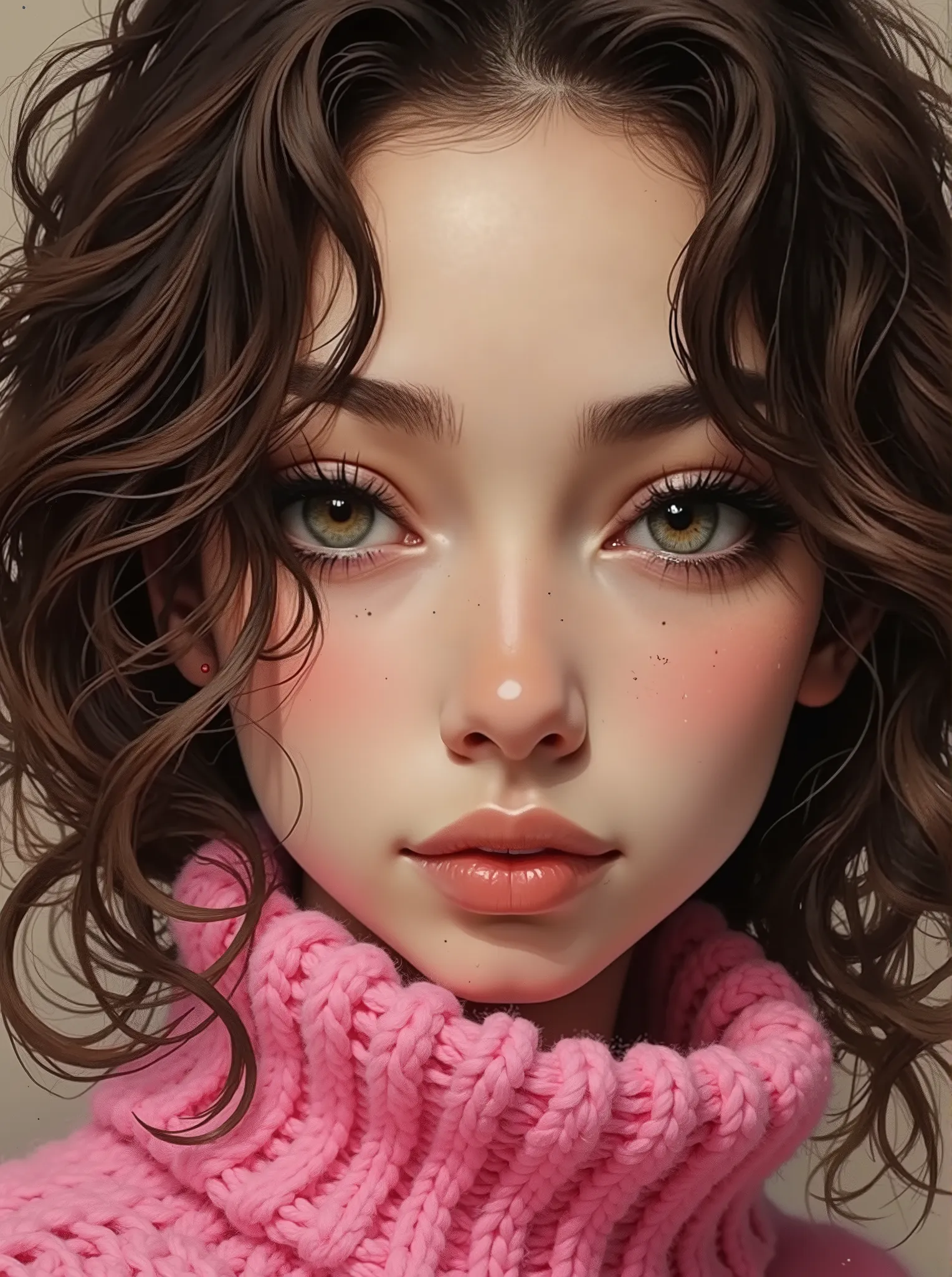 A close up of a brunette woman with curly hair and a strangulation, big, full lips , big eyes longer than normal eyelashes, tilted head , realistic painting of a pretty girl , trend in artstration, extremely pink knitted sweater, ✏️🎨, hyperrealistic ae...