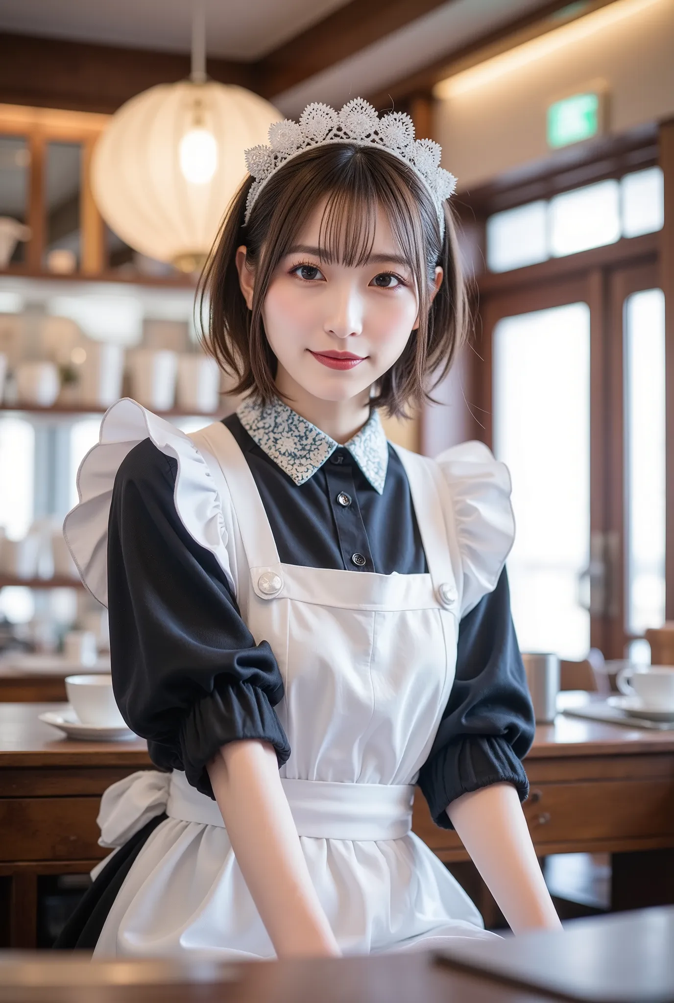 I'm bowing lightly to thank you、(Highest Quality、table top、8k、best image quality、超A high resolution:1.5, (photorealistic:1.4),masterpiece:1.2,(top-quality:1.4)、Raw photo)、Woman working at a cafe、maid clothes、maid clothesを着たcafe clerk、(highlight your body ...