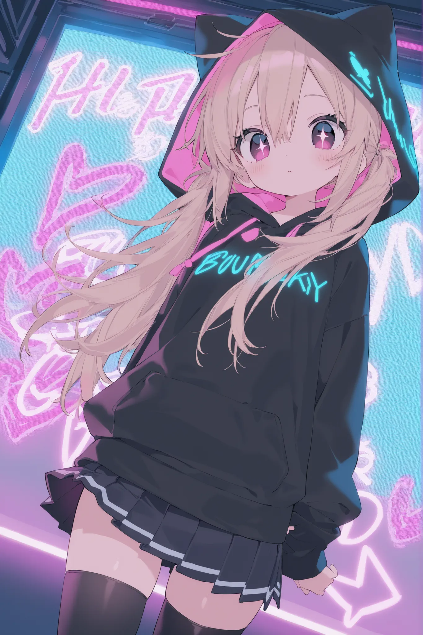 best quality、Highest Quality、8k、highly detailed CG、dynamic angles、cowboy shot、Neon Light Sparkling Cyber Nightclub、Illuminated signboard showing girls in the back、standing、see here、Beautiful Girl,1 cute girl、 cute pose with both hands 、cute accessory、black...