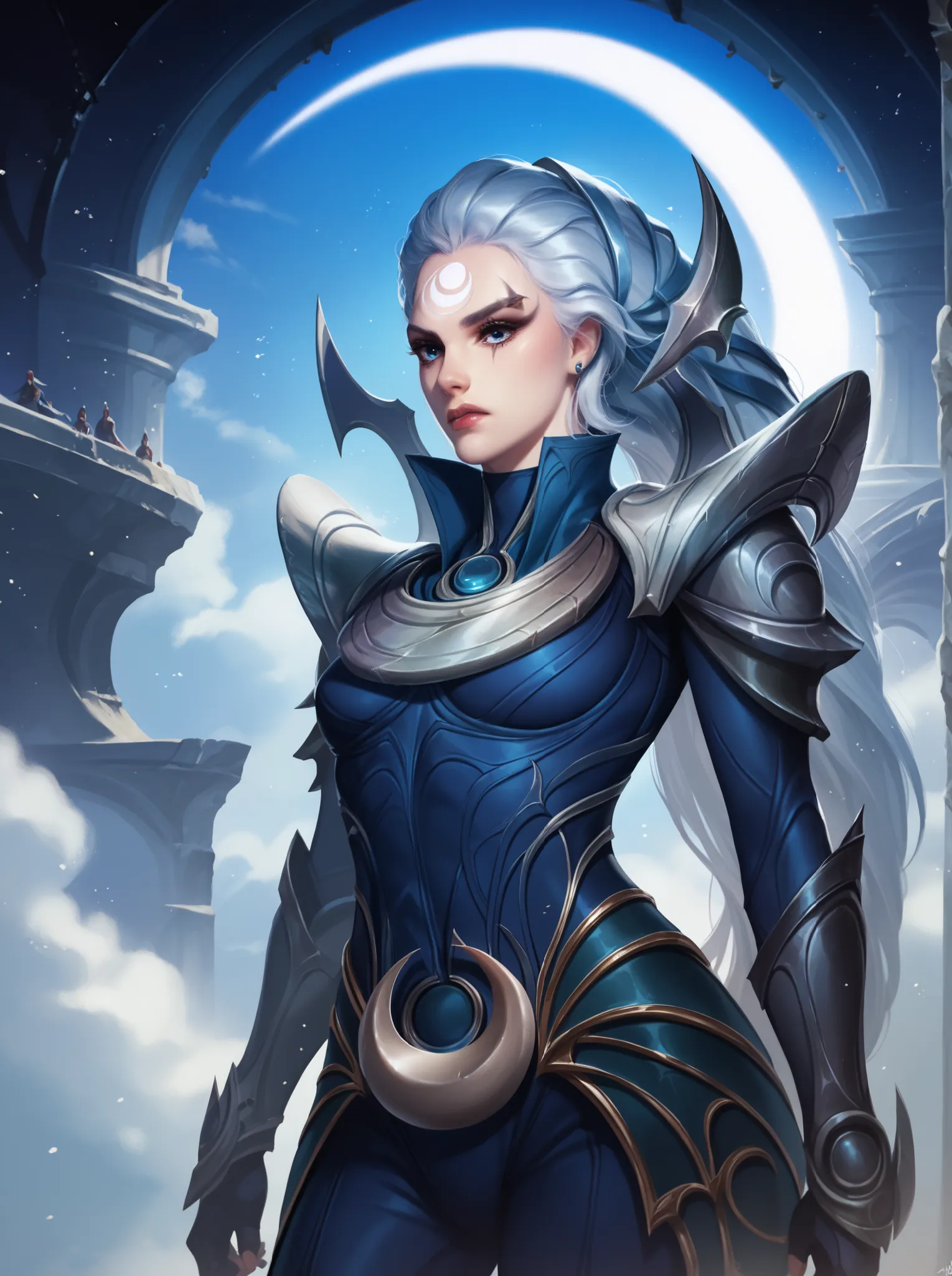 Diana from League of Legends, standing in a moonlit battlefield, long silver hair flowing, piercing pale blue eyes, wearing dark armor with silver crescent moon motifs, holding her (large), (curved crescent) blade, dramatic backlighting from a full moon, s...