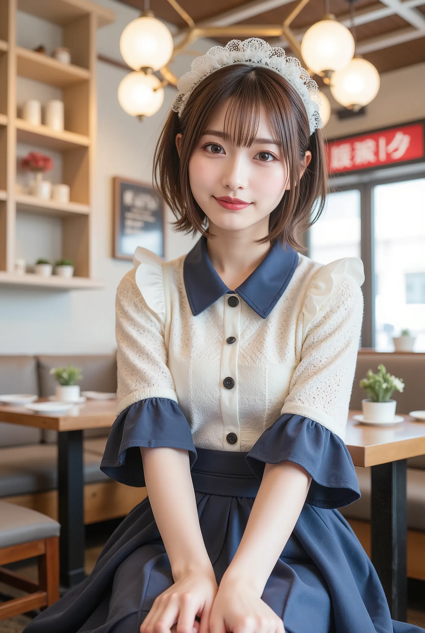 I'm bowing lightly to thank you、(Highest Quality、table top、8k、best image quality、超A high resolution:1.5, (photorealistic:1.4),masterpiece:1.2,(top-quality:1.4)、Raw photo)、Woman working at a cafe、maid clothes、maid clothesを着たcafe clerk、(highlight your body ...