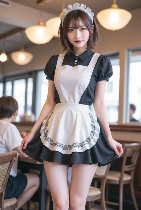 I'm bowing lightly to thank you、(Highest Quality、table top、8k、best image quality、超A high resolution:1.5, (photorealistic:1.4),masterpiece:1.2,(top-quality:1.4)、Raw photo)、Woman working at a cafe、maid clothes、maid clothesを着たcafe clerk、(highlight your body ...