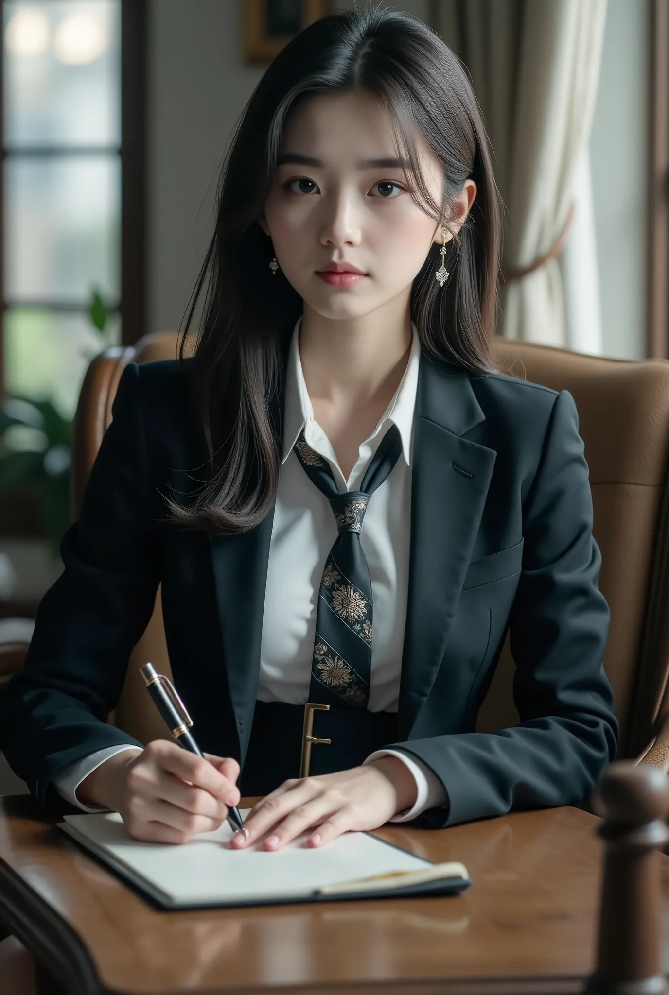 (8k, top quality, masterpiece), (  exists , photo  exists : 1.37),  very detailed , one girl , {Writing with a fountain pen }, Wide angle , My heart trembles a lot at night at the University of Tokyo ,   Very Delicate Depiction     ,    correct skeleton, W...