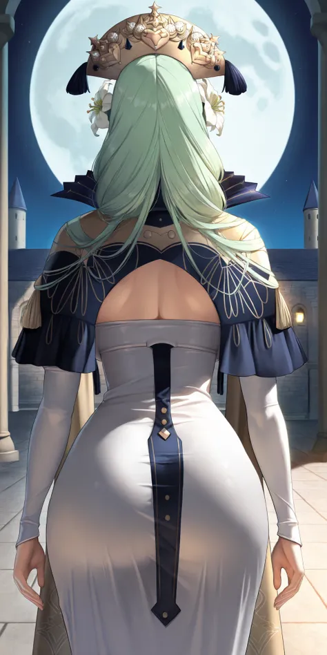almost realistic, almost realistic, almost realistic, back view, 1 girl - Rhea from Fire Emblem Three Houses, dfrh3a, green hair, long hair, green eyes, gold headdress, hair flower, tiara, blue and gold cape, high collar, white dress, long dress, gold broo...
