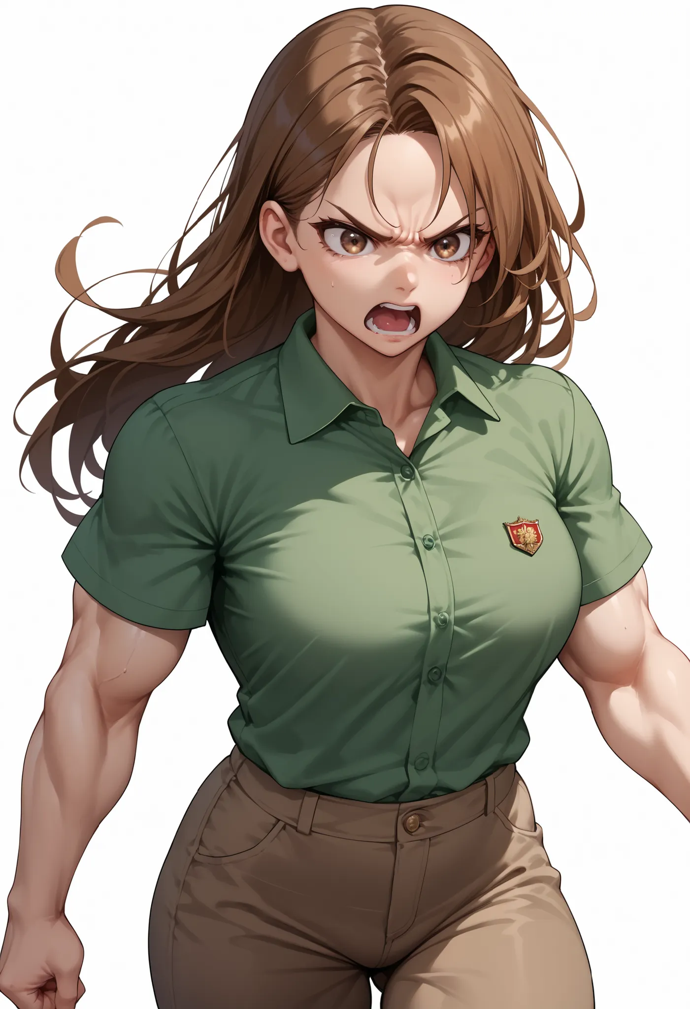 source_anime ,score_9, score_8_ up, score_7, ((White background)) ((Russian woman)) ((1girl)) (solo girl) ,30 years old, rathing_questionable (Green short sleeve polo shirt:1.4) (brown long pants:1.3) brown eyes , (brown Long hair) , straight hair ,((musc...