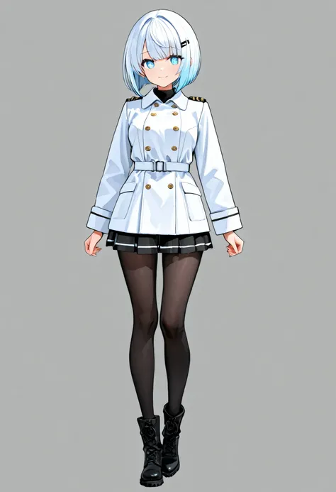 Hair color is pure white . It is transparent, and the tips of the hair have a slight bluish tinge. She also wears a black hairpin set.
Her hairstyle is a shoulder-length bob cut, with bangs slanted.
Her eyes are a bright light blue and transparent.
She is ...