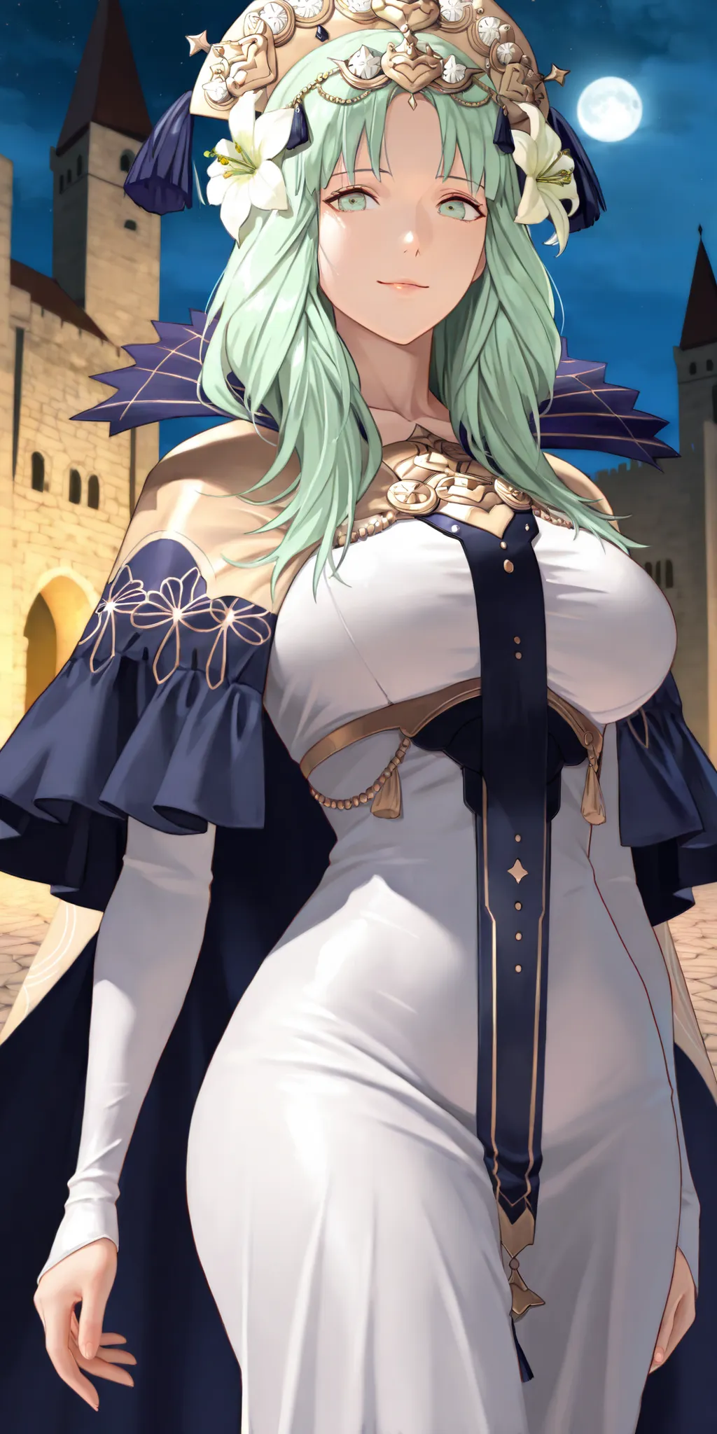 almost realistic, almost realistic, almost realistic, front view, looking at viewer, gentle smile, 1 girl - Rhea from Fire Emblem Three Houses, dfrh3a, green hair, long hair, hair parted in the middle, no bangs, forehead visible, green eyes, gold headdress...