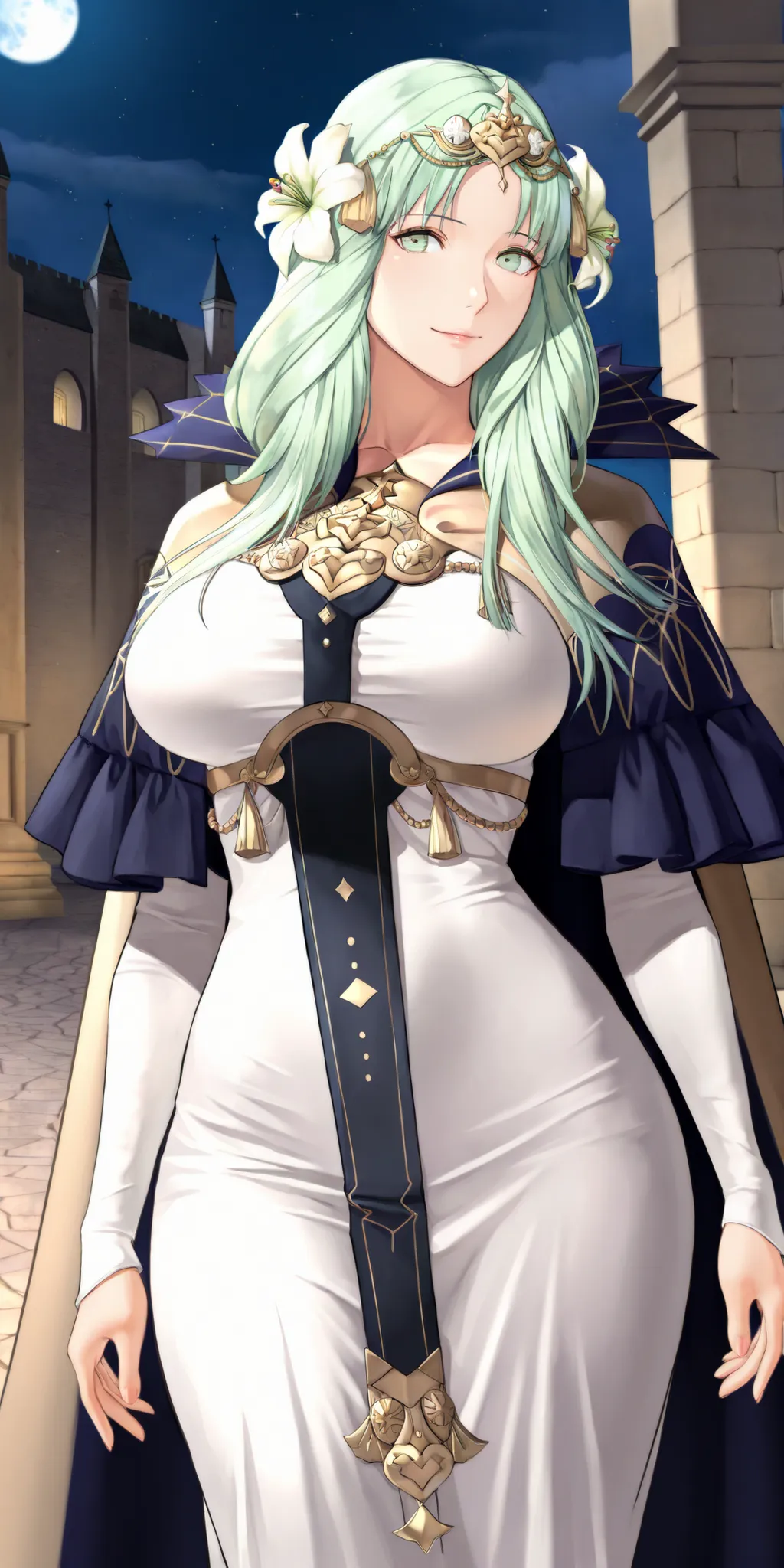 almost realistic, almost realistic, almost realistic, front view, looking at viewer, gentle smile, 1 girl - Rhea from Fire Emblem Three Houses, dfrh3a, green hair, long hair, hair parted in the middle, absolutely no bangs, NO BANGS, forehead visible, green...
