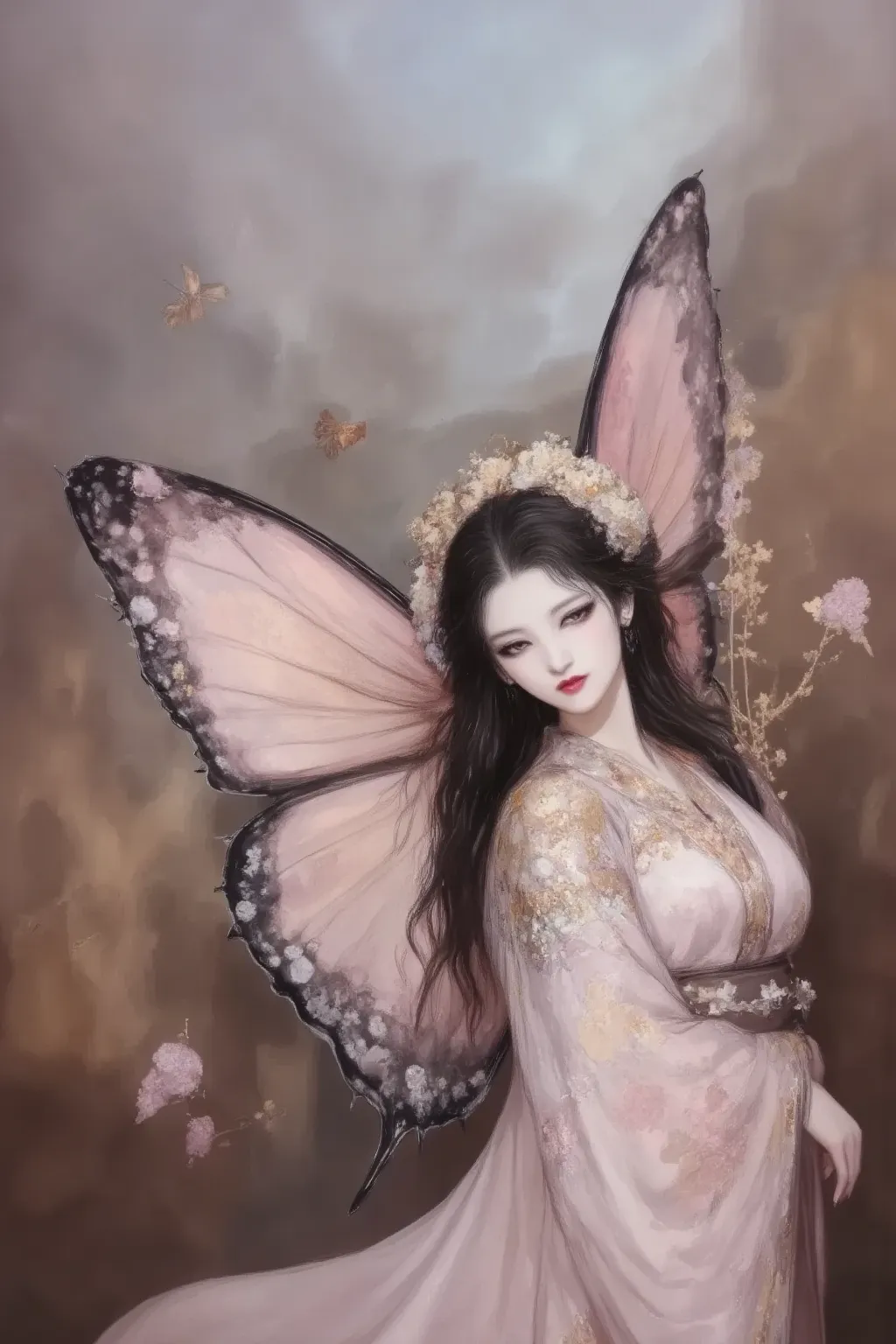 A woman in a kimono flying through the sky with butterfly wings、solo、dark eyes、black hair、Beautifully Depicted Fingers、Mysterious scene depicting figures like a fairy、soft diffused light that hits an elegant cliff。Large wings colored in calm pink、blue、Earth Colors、Complex textures emphasized by feather ornaments、almost feathery appearance。gracefully outstretched arms and slightly curved back、A lot around her A beautiful posture with a small butterfly flapping its wings、muted color palette、A captivating atmosphere、Great storytelling。The overall atmosphere is quiet and transcendent、Mysterious light and shadow、digital art with a fantastic view of the world、EXTREME DETAILS、dreamy quality、fantasy art、Lighting reminiscent of dawn or dusk、Blur、Highest Quality、high image quality、masterpiece:1.4、ultra high definition、absurd