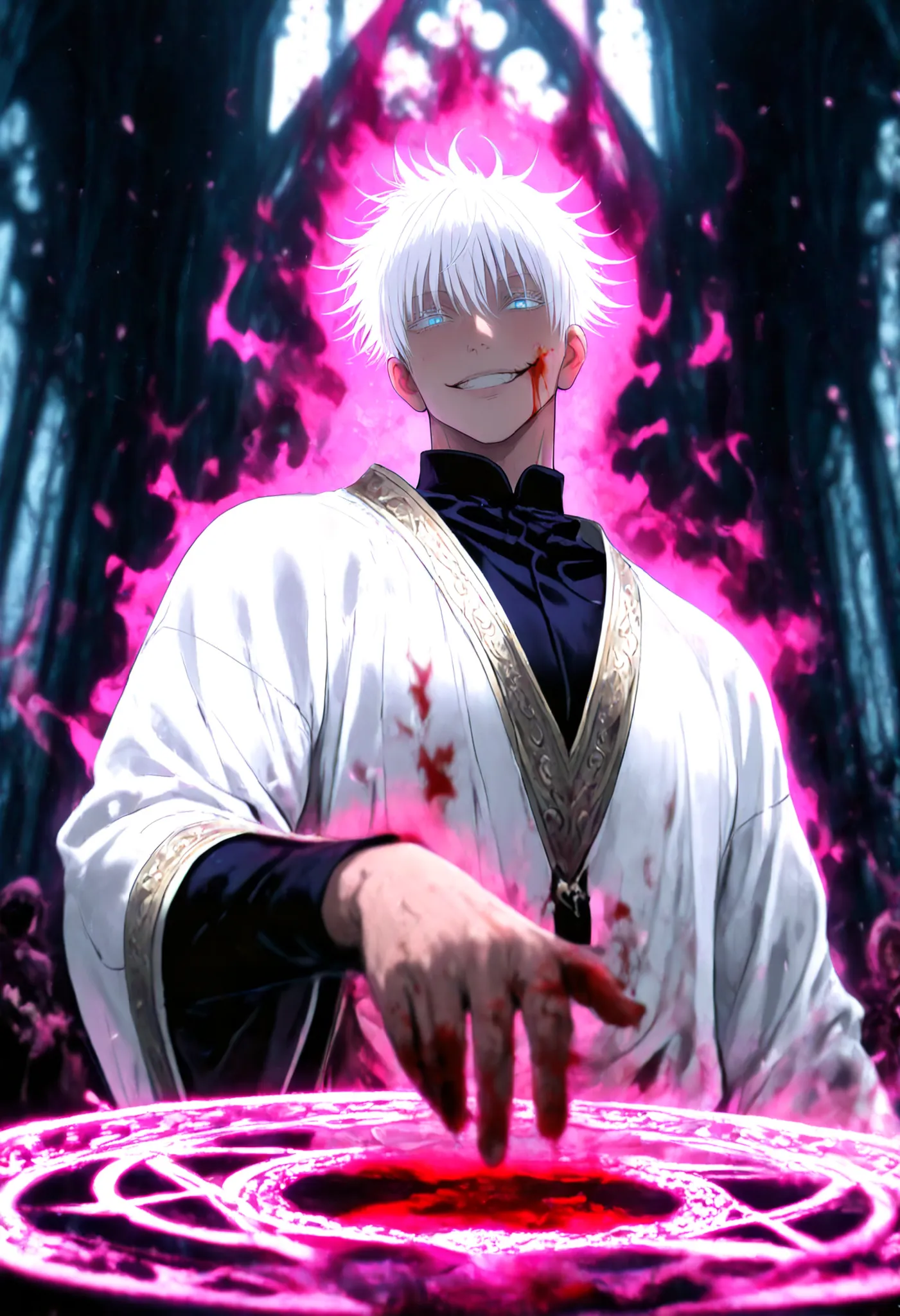 purple theme, pink theme, brown theme, black theme, grey theme, white, theme, violet theme, turquoise theme, maroon theme, gold theme, silver theme,, 1man, gojou satoru /(jujustu kaisen/), detailed eyes, blue eyes, white hair, short hair, detailed eyelashe...