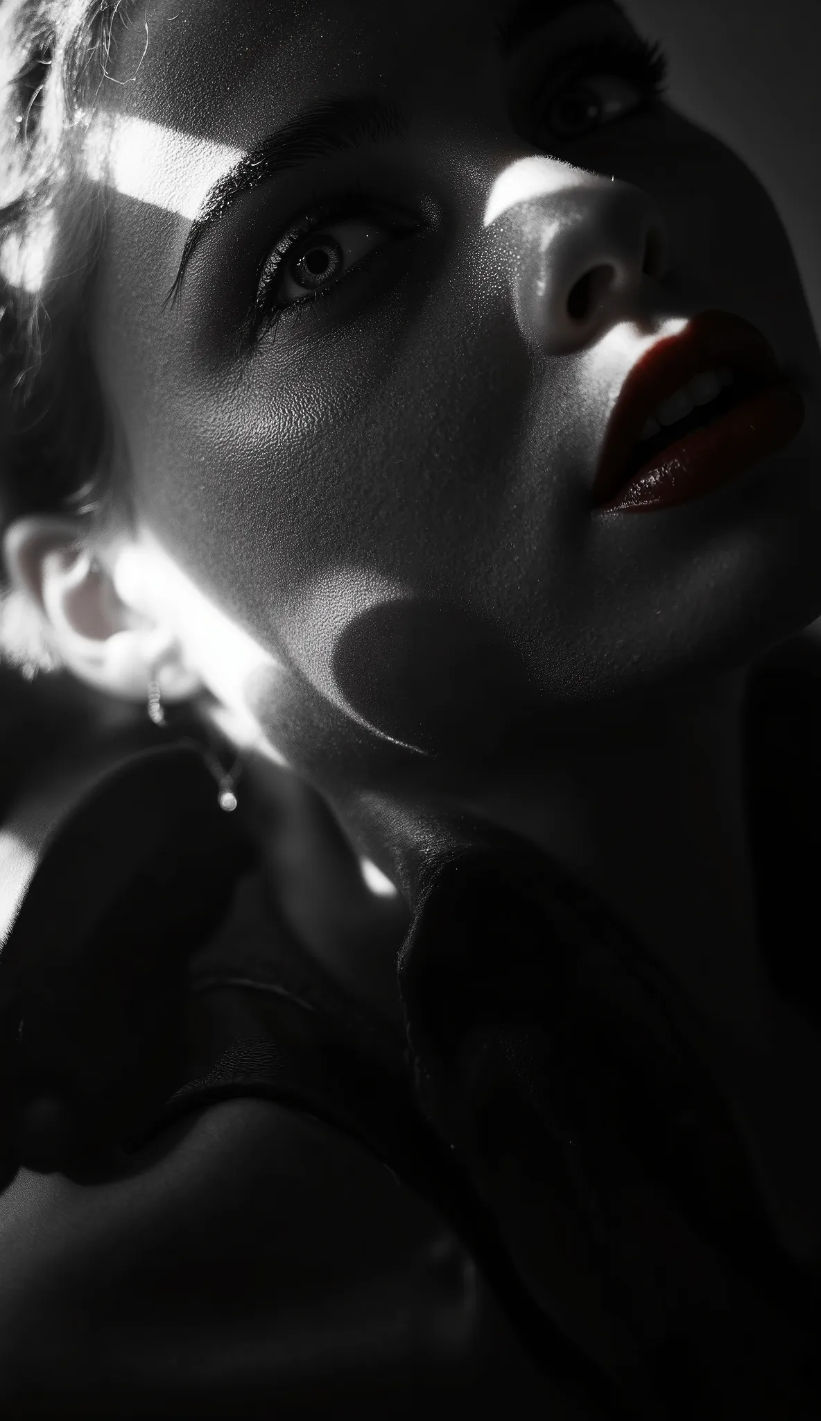 Masterfully stylized monochromatic  & melodramatically expressive  portrait  elevates horror genre with  distinct  texture effects.  A starlet  of vintage beauty  emanates melodramatic essence & facial expressiveness of 1930 horror film genre & glam .in  h...