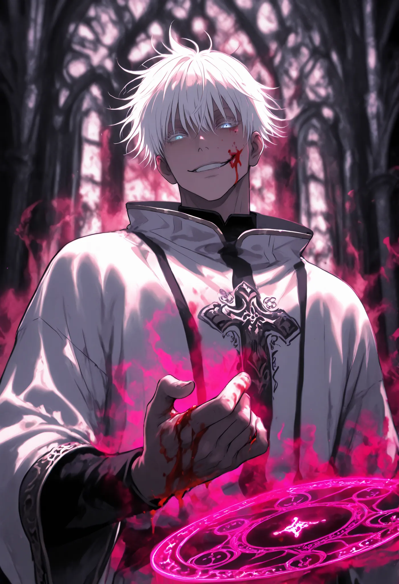 purple theme, pink theme, brown theme, black theme, grey theme, white, theme, violet theme, turquoise theme, maroon theme, gold theme, silver theme,, 1man, gojou satoru /(jujustu kaisen/), detailed eyes, blue eyes, white hair, short hair, detailed eyelashe...