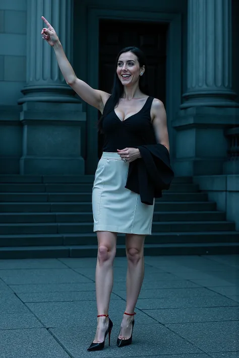 Full body shot from the distance, DSLR-quality lighting with dramatic contrast and cold tones. The scene takes place on the stone steps outside a grand neoclassical courthouse with large columns and ornate wooden doors behind her. The lighting casts long s...