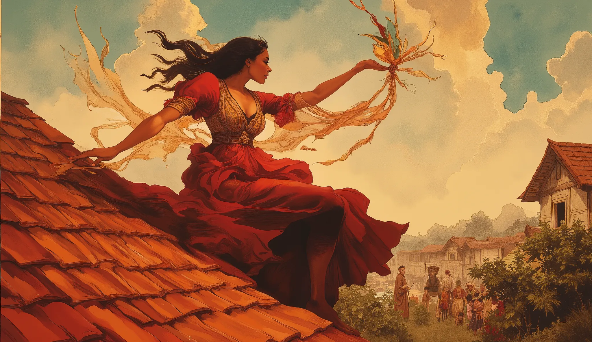 (Beautiful spirited woman), (traditional 1920s Brazilian coastal town of Ilhéus), (climbing gracefully on red terracotta roof tiles), (reaching for a colorful kite tangled on the roof), (shocked townspeople gathered below watching in amazement), (cinnamon-...