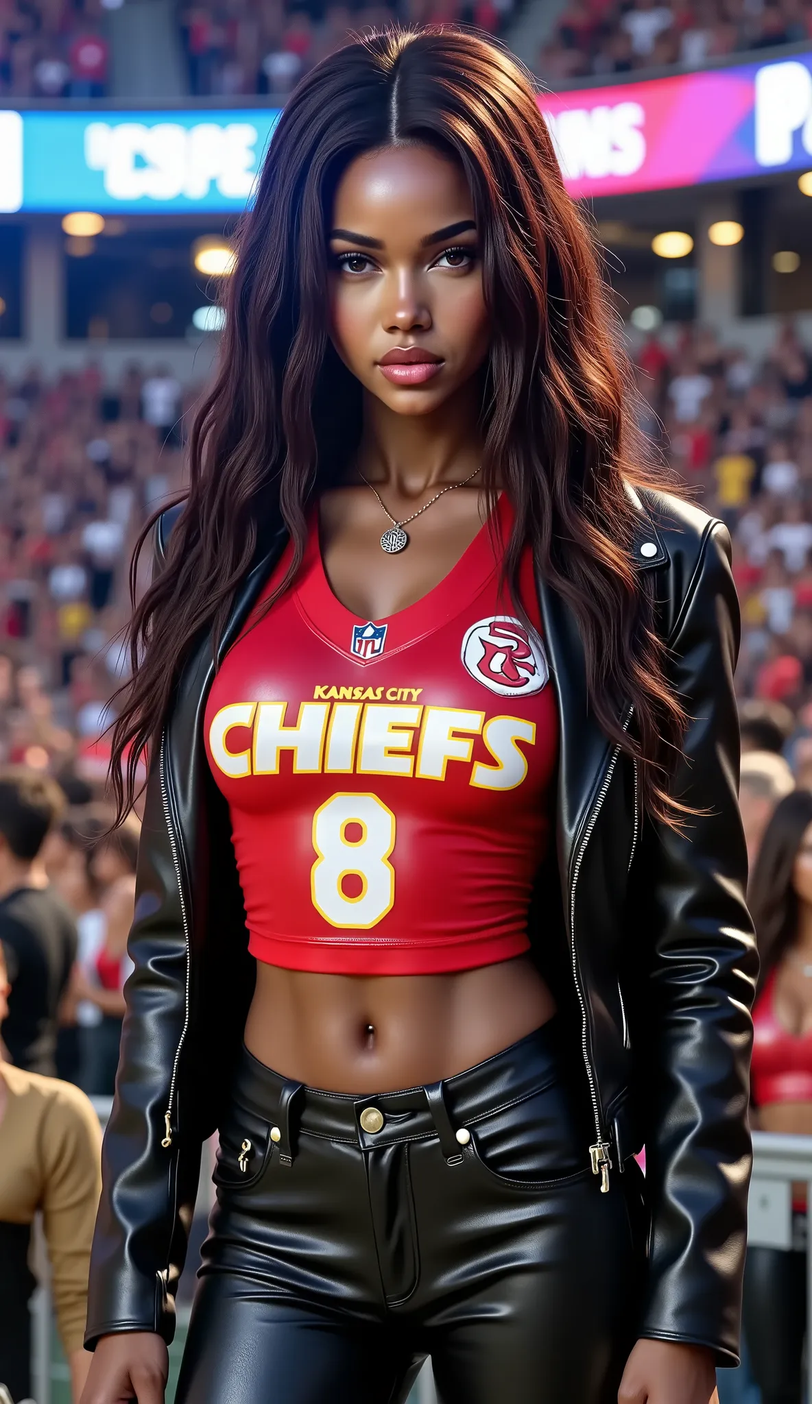 a woman with olive skin wearing a Kansas City Chiefs #8 Jersey, black leather pants with crotch lacing and a buckled belt, denim crop jacket, low hanging necklace, football stadium, attending the Super Bowl, realistic, photorealistic, (best quality,4k,8k,...