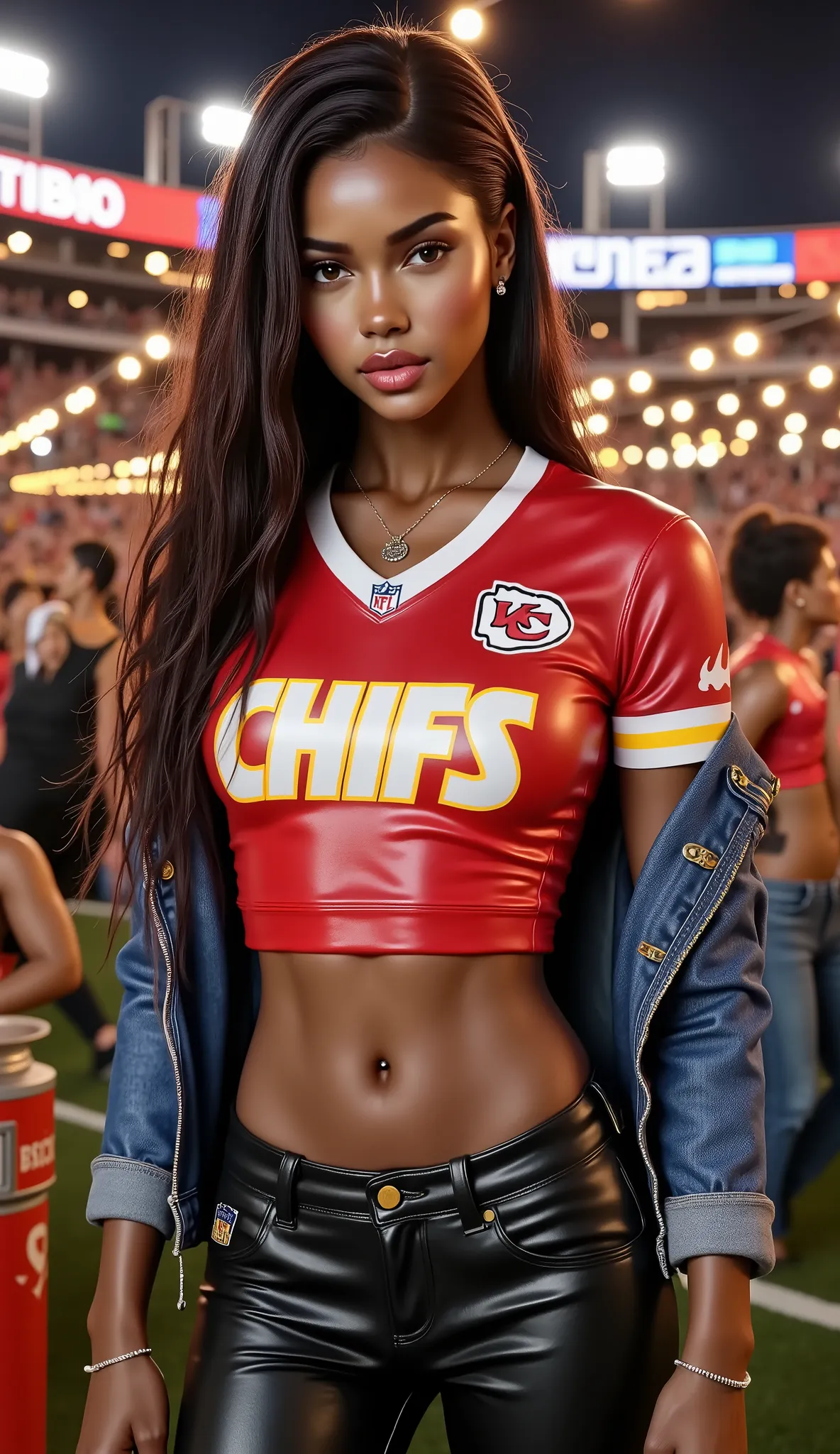a woman with olive skin wearing a Kansas City Chiefs #8 Jersey, black leather pants with crotch lacing and a buckled belt, denim crop jacket, low hanging necklace, football stadium, attending the Super Bowl, realistic, photorealistic, (best quality,4k,8k,...