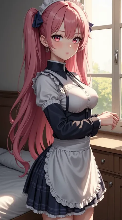  (masterpiece,  computer, mejor quality,  Clear focus, shadow, anime style, ultra high resolution, 8K, perfect anatomy, rostro perfecto, (detailed face), (  Detailed eye  ), score_9, score_8_up, score_7_up, score_6_up, score_5_up, score_4_up,  source _Animated, Label 1, Label2, quality_masterpiece, Anatomically correct, beautiful face, rostro perfecto, Beautiful and highly detailed face and eyes, Attractive face, detailed face, Delicate facial features, detailed leather, huge breasts, breast size cup D or DD, wide hips, gigantic butt, thick thighs. Anime-style illustration of a beautiful woman with an elegant and sensual look with a sweet looking and shy expression, with big crimson red eyes and blushed cheeks. has long hair, plain and deep pink, combed in side pigtails with loose locks, adorned with bows and decorative flowers. She wears a modern maid dress with unique details: a corset with a high collar and long sleeves on one arm, combined with a white blouse with ruched straps and a white apron over it. Her skirt is plaid in dark tones, Schoolgirl style. He is standing next to a window that lets in warm natural light, in a cozy room with bed and wooden furniture. The artistic style is detailed, con shadows suaves, realistic lighting and emotional focus. Intimate scene , calm and with a melancholic touch.