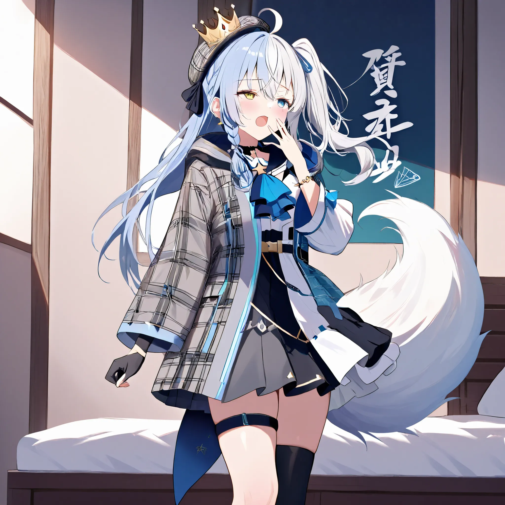 masterpiece, best quality, absurdres, halffusion, 1girl, solo, heterocromia, split-color hair, split theme, side view, BREAK HoshimachiSuisei, side ponytail, blue hair ribbon, SuiseiBase, side ponytail, plaid beret, crown, blue star choker, star earrings, ...