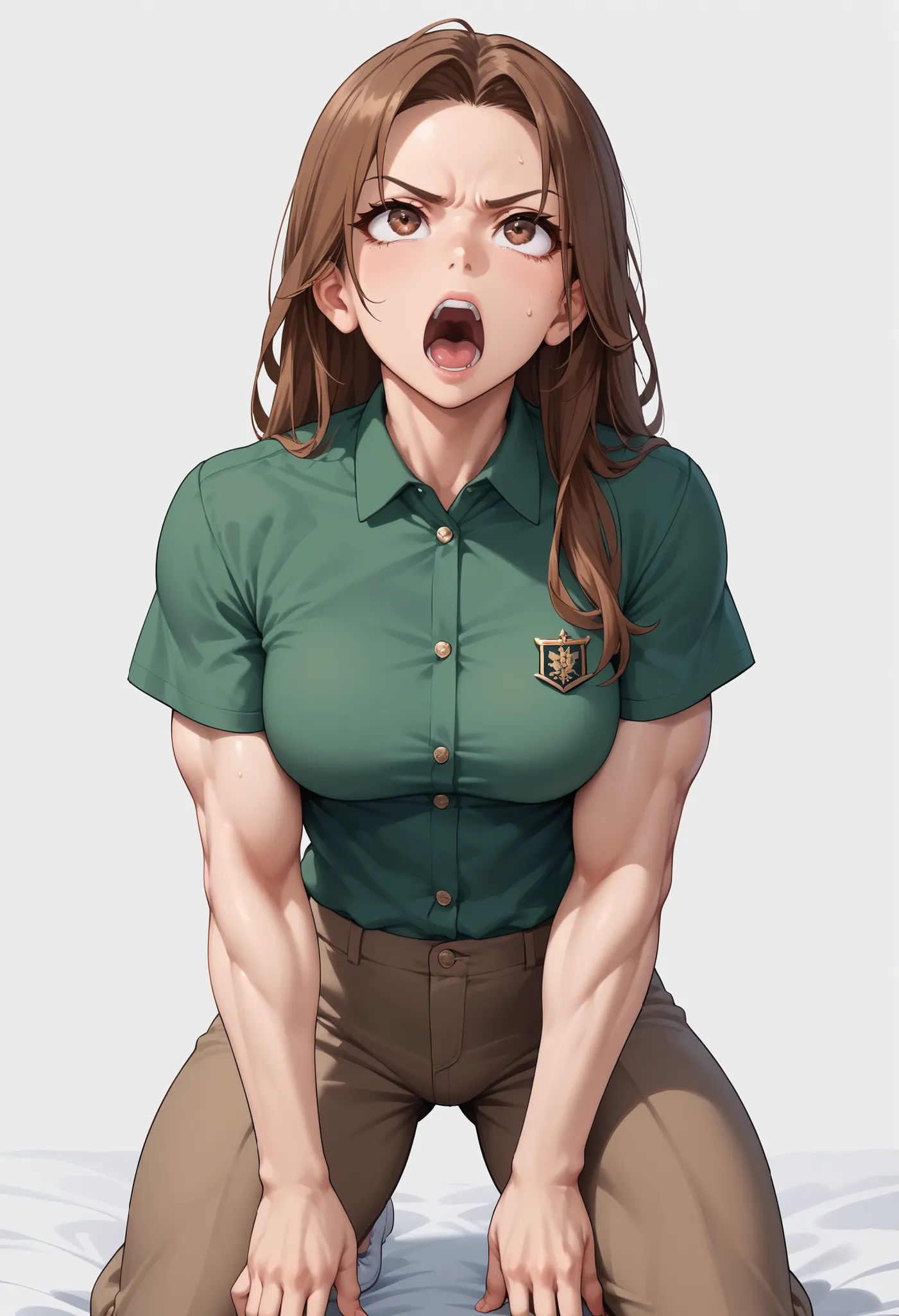 source_anime ,score_9, score_8_ up, score_7, ((White background)) ((Russian woman)) ((1girl)) (solo girl) ,30 years old, rathing_questionable (Green short sleeve polo shirt:1.4) (brown long pants:1.3) brown eyes , (brown Long hair) , straight hair ,((musc...