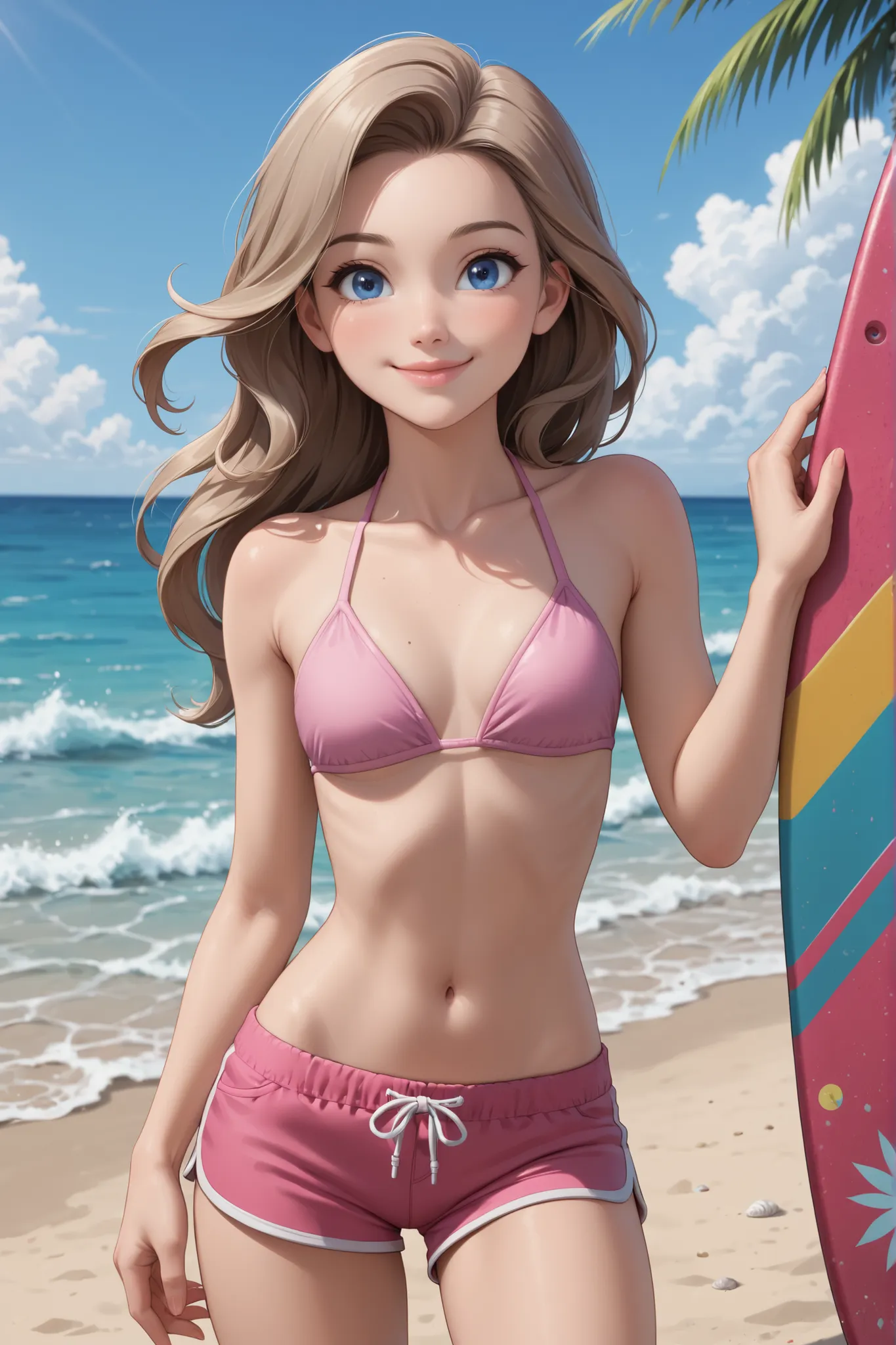 1girl, young woman, cute, blue eyes, light brown hair, lips, slim, medium sized chest, pink bikini, surfer swimming shorts, surf board, smiling, closed mouth, at the beach,