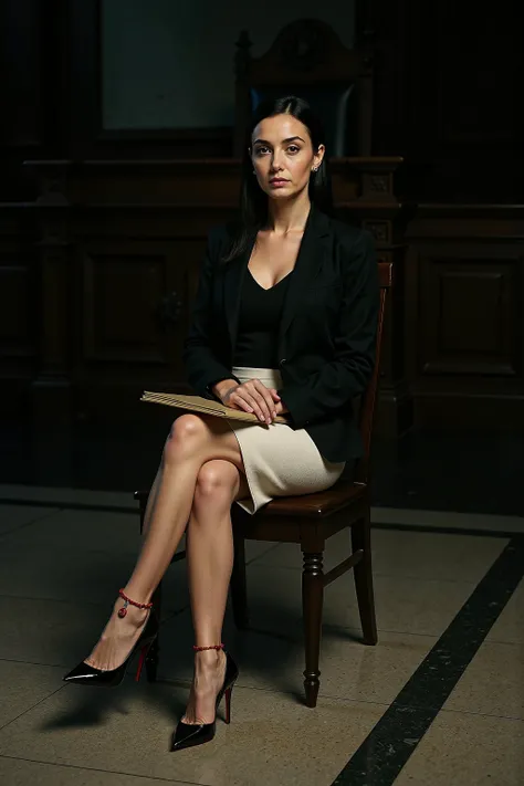 Full body shot from the distance, dramatic indoor lighting with cold, directional highlights and deep shadows that emphasize architecture and elegance. The scene takes place inside a grand, classic European-style courtroom with dark wooden walls, high ceil...