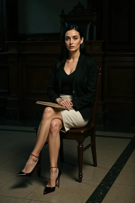 Full body shot from the distance, dramatic indoor lighting with cold, directional highlights and deep shadows that emphasize architecture and elegance. The scene takes place inside a grand, classic European-style courtroom with dark wooden walls, high ceil...